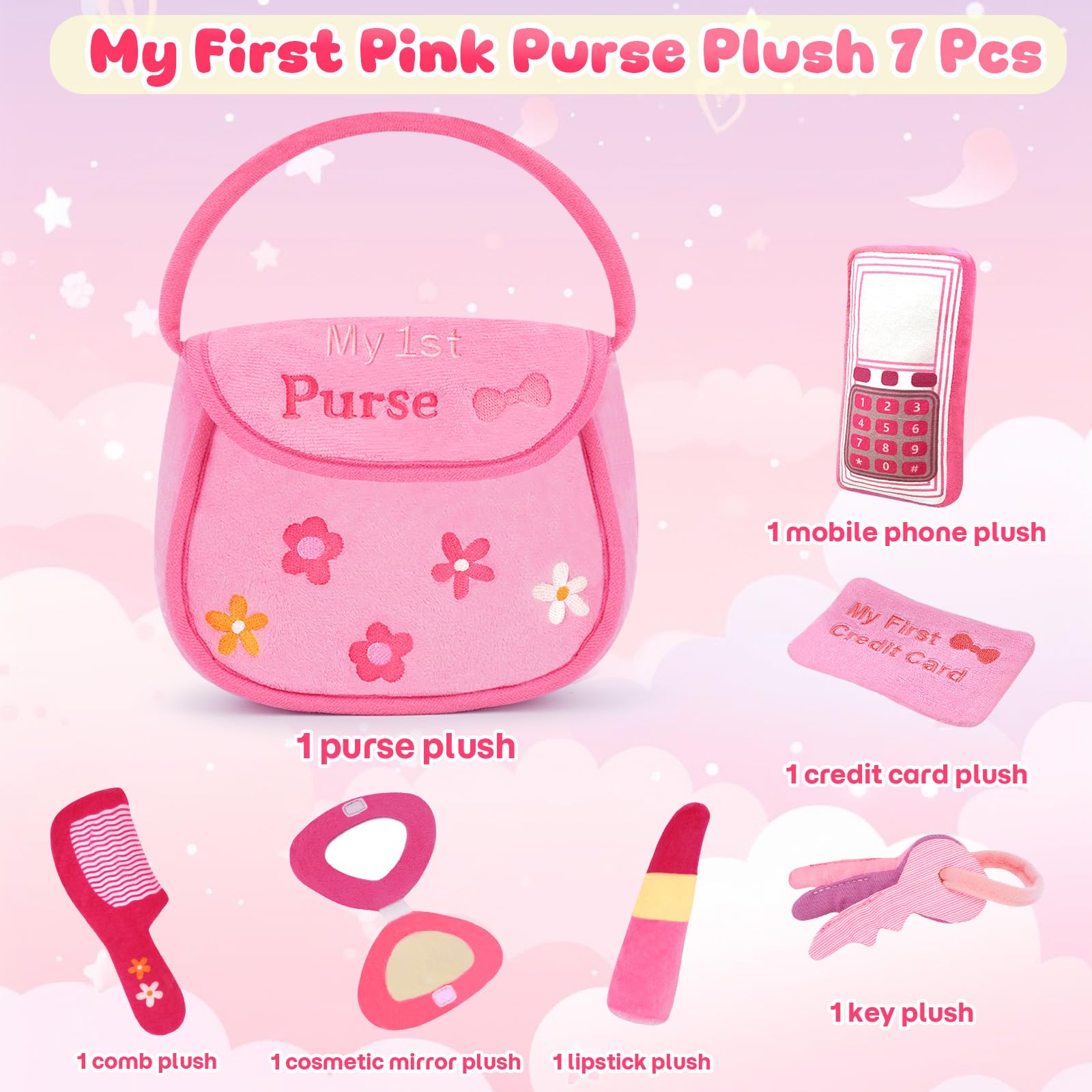 My First Pink Purse Plush, Baby Purse Set with 6 Pcs Makeup Plushies for Toddlers, First Birthday Gifts for Girls