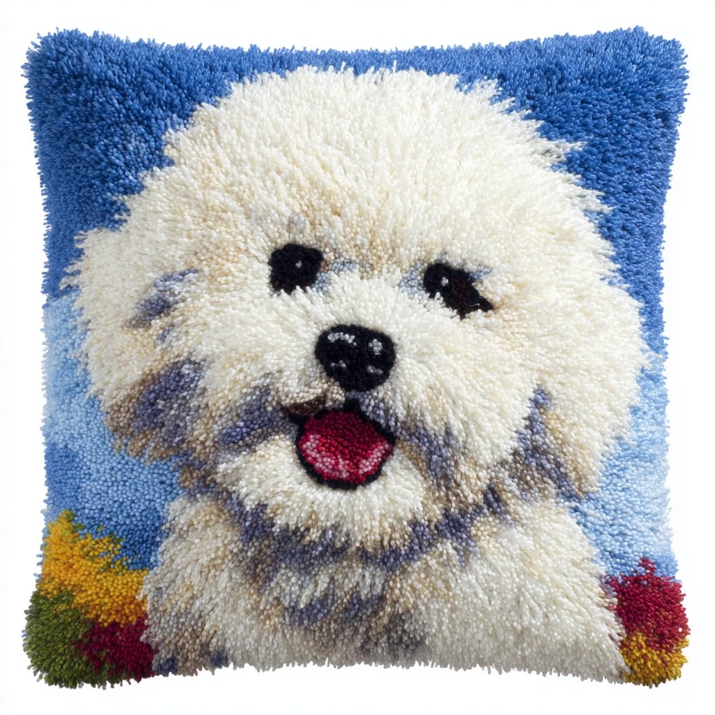Ffdongtego White Henypt Animal Dog Latch Hook Kit Cushion For Adults, Bichon Frise,Diy Craft Embroidery Latch Hook Pillow Cover Kit For Christmas/Gifts,17X17inch