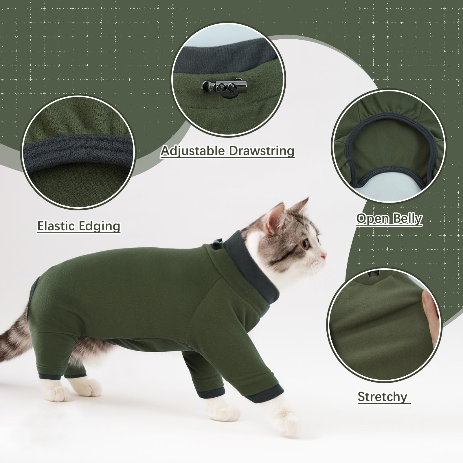 Chaleco Polar para Gatos, Chaqueta de Invierno Abrigo Otoño Invierno Caliente Pullover Suave Fleece Onesie Felpa para Gatos Body Postoperatorio(Verde Militar, M) - 5