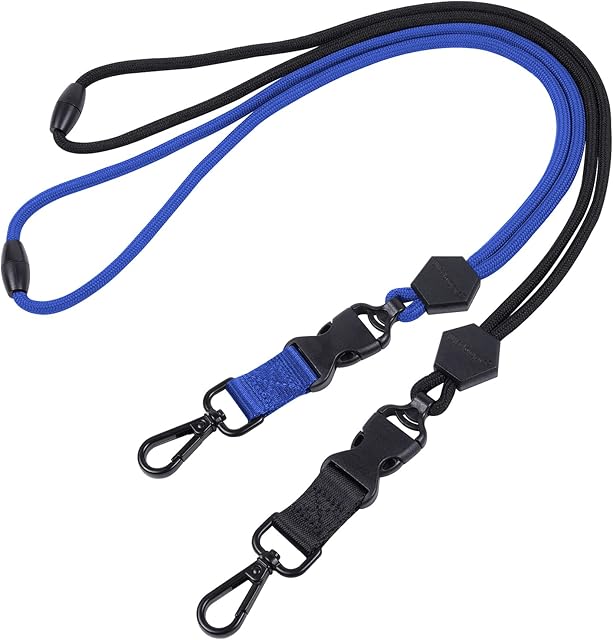 Wisdompro 2 Pack of 23 inch Durable Round Cord Adjustable Lanyard with Safety Breakaway Buckle, Detachable Buckle and Heavy Duty Metal Hook for ID Card Badge Holder and Keys - Black and Blue