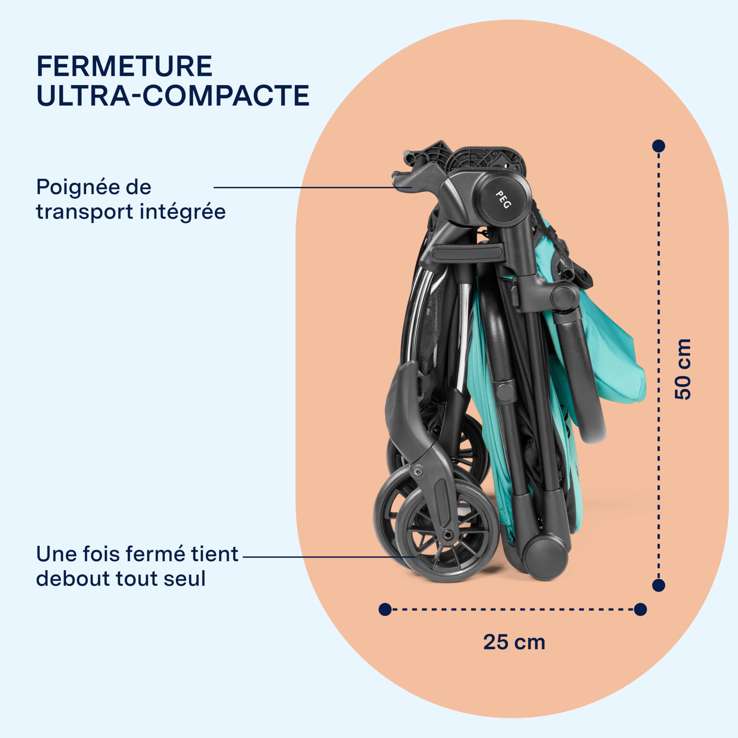 PEG Poussette Légère Volo avec Habillage Pluie, Format Cabine Avion, Ultra Compacte, Dès la Naissance jusqu’à 22 kg, Sac de Transport Inclus, Tahiti