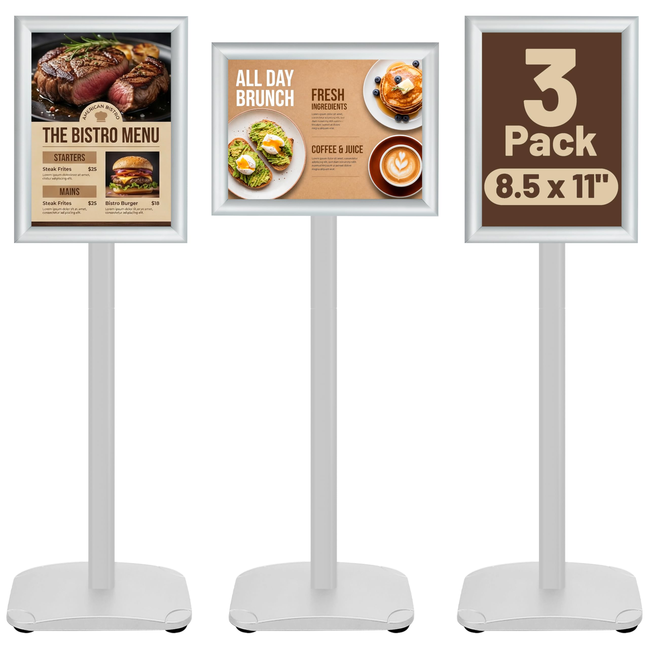 Paquete de 3 soportes resistentes para carteles de pie de 8.5 x 11 pulgadas, soporte de pie con base pesada, soportes verticales y horizontales para carteles/menús para publicidad en interiores