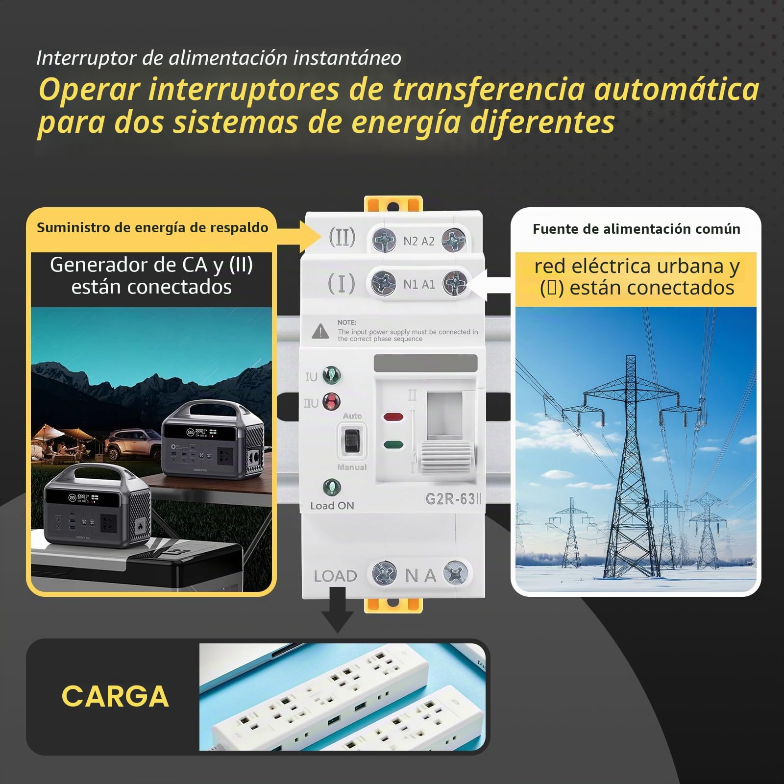 Interruptor de transferencia automática de doble potencia 2P 6-63A 220V ATS interruptor fotovoltaico 2 posiciones para instalaciones domésticas