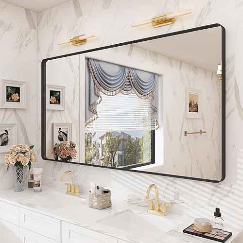 CHARMOR Espejo de baño negro para pared, 55 x 30 pulgadas, espejo grande negro mate para baño, espejo rectangular redondeado, antioxidante,
