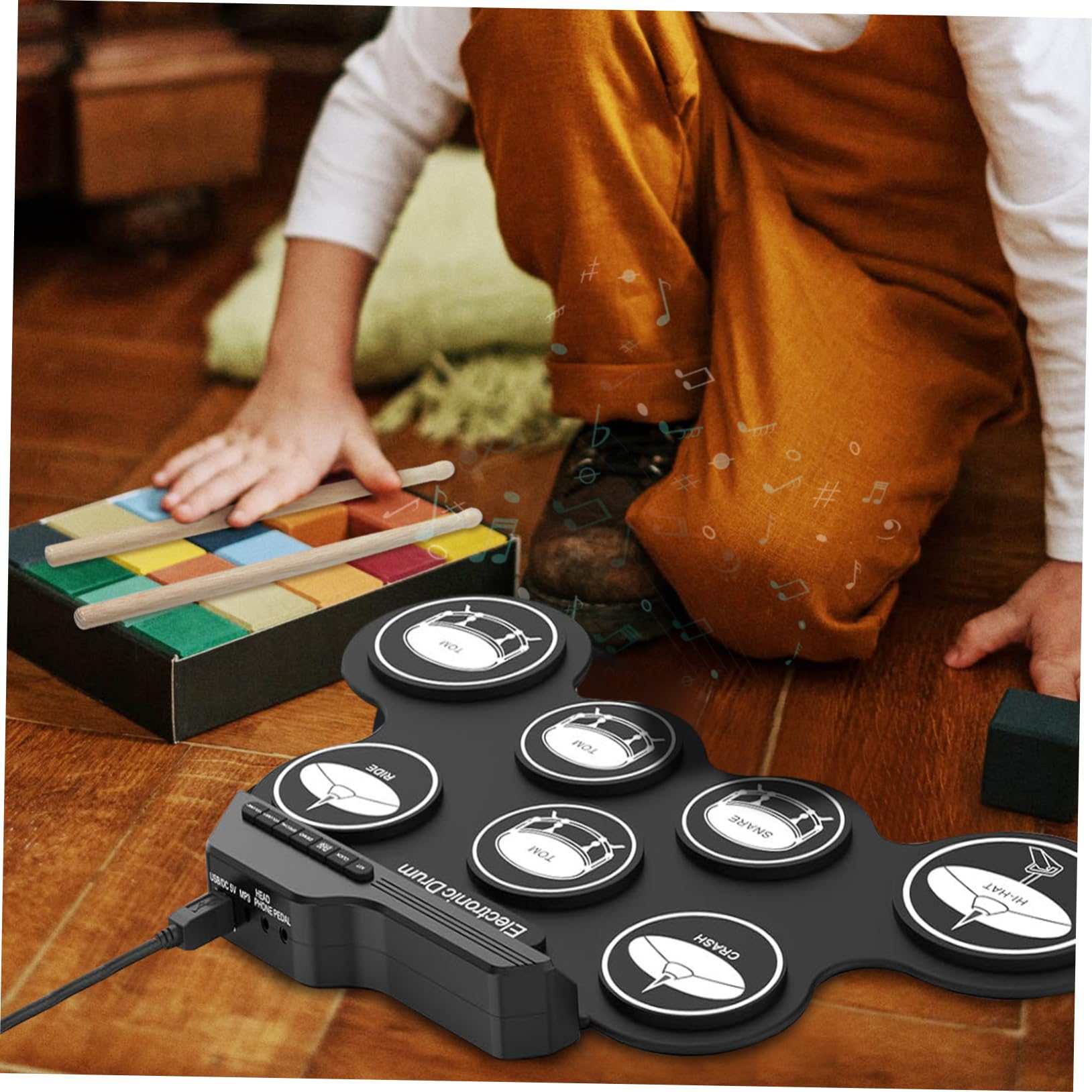 Batteria Elettronica Portatile Kit Digitale USB Pad in Silicone e Abs, Jack per Cuffie per Principianti la Pratica Musicale Ovunque