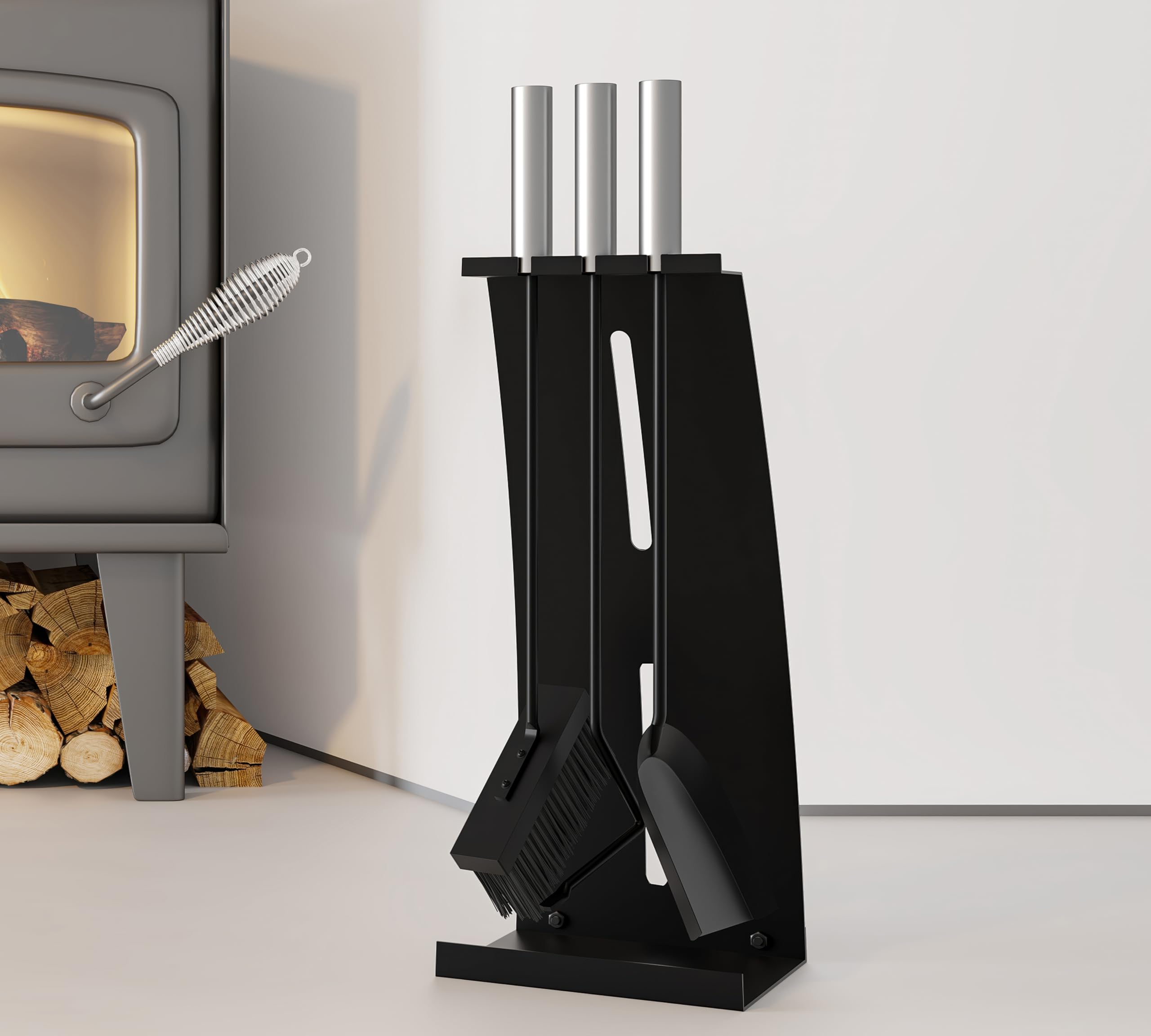 Kingson - Juego de 4 utensilios para chimenea con mangos de acero inoxidable – Juego moderno de accesorios para chimenea con soporte – Altura de 54,5 cm