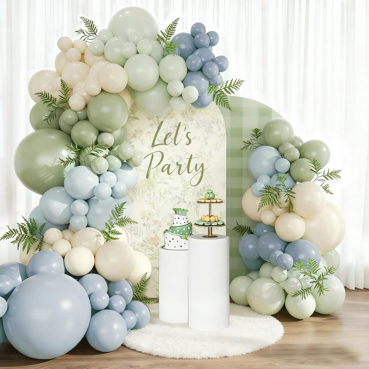 Dusty Blue Sage Green Balloon Arch Kit, 110pcs Slate Blue Avocado Green Balloon Garland with White Sand Beige Latex Balloons for Boys Men Birthday Baby Shower Jungle Safari Wedding Party Decorations