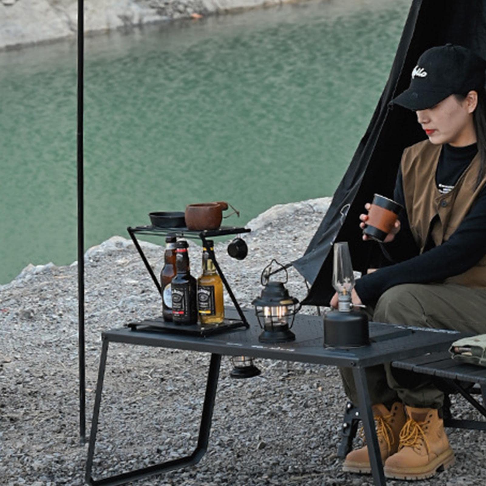Zusammenklappbare Regale | 2-lagige faltbare Regale für | Campingaufbewahrung | leichtes, stabiles Campingzubehör, Aluminiumlegierung, Karbonstahlregal für Grill, Balkon