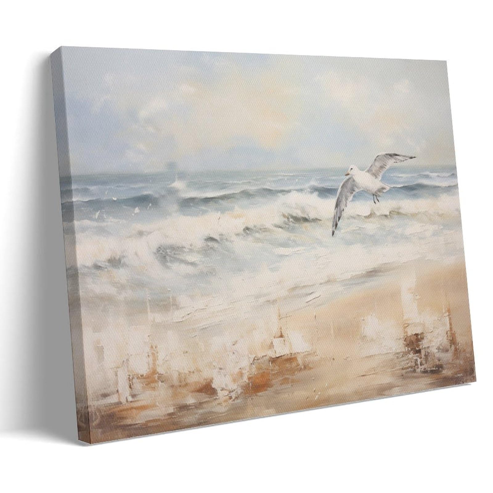 Gmukiffy Retro Seabirds Painting On Canvas Wall Art Sand Ocean Waves Wild Birds Stretched And Framed Canvas Prints Artwork For Home Decorations Ready To Hang Wall Decor 24X36inch(60X90cm)