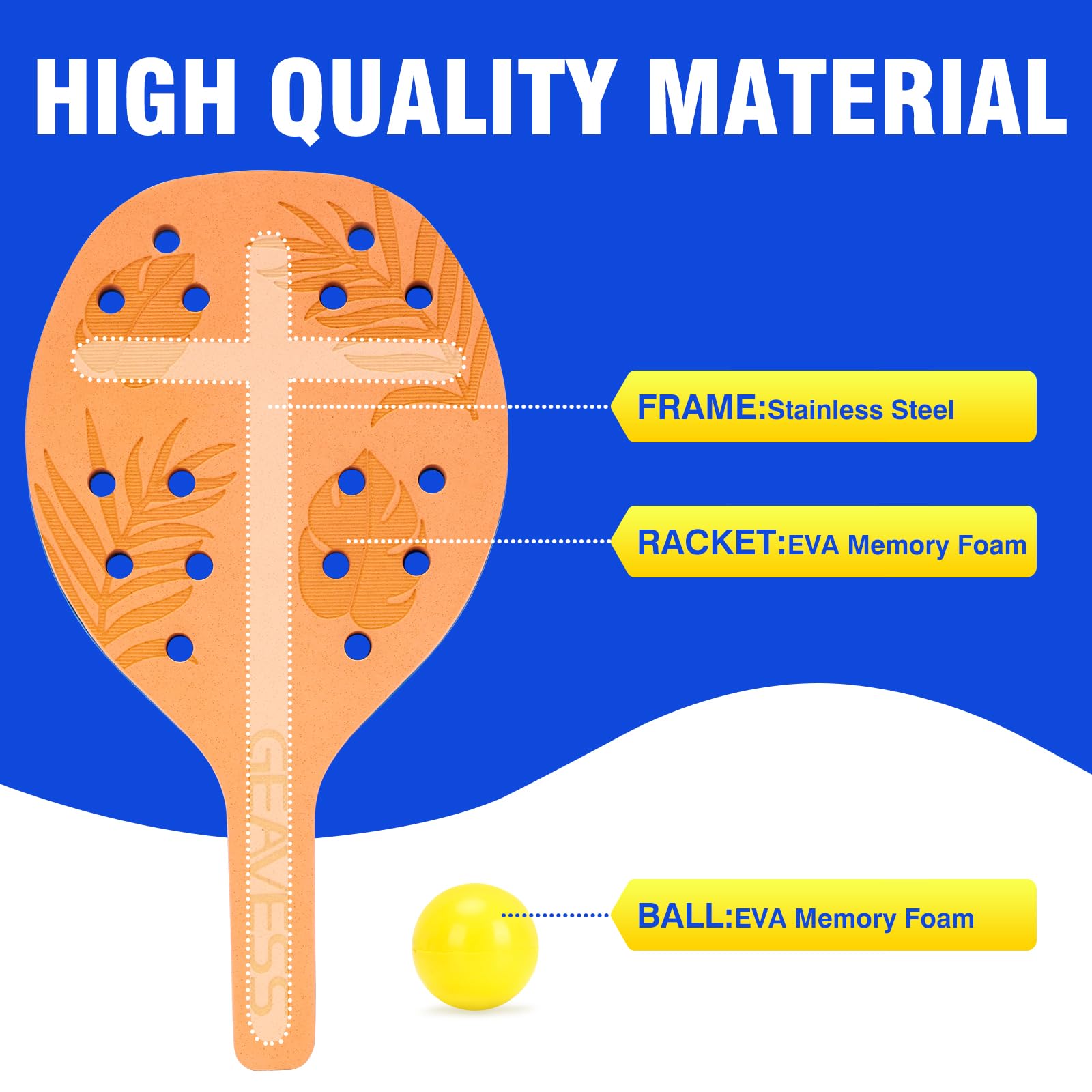 GEAVESS Foam Beach Tennis Racket Set, Beach Paddle Game Set, EVA Memory Foam Racket for Kids, Junior, Adult