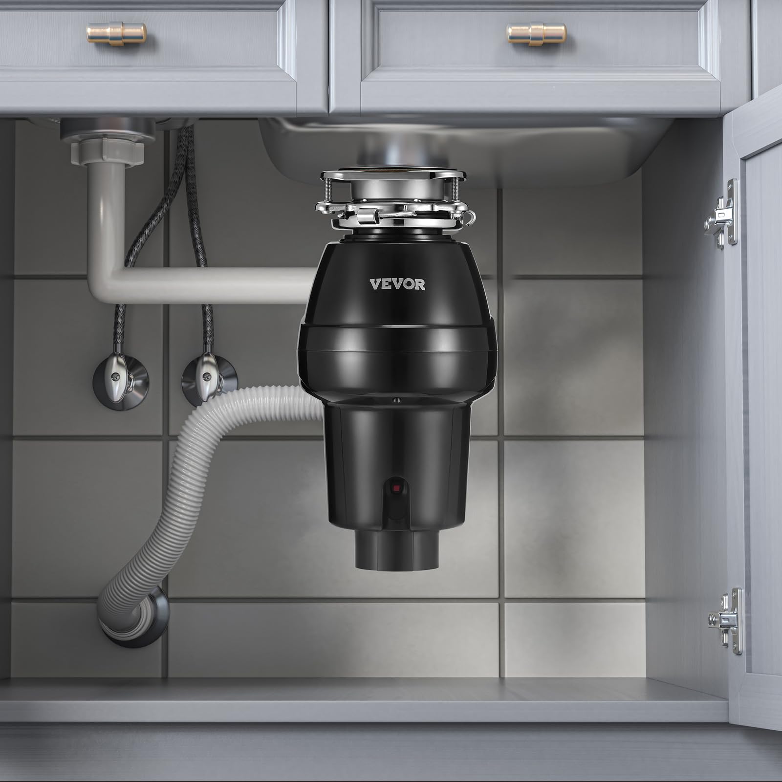 VEVOR Tritarifiuti per Lavello da Cucina, 0,37 kW, Sistema di Smaltimento Rifiuti Alimentari in Acciaio Inox, Montaggio 3 Bulloni, 3820 giri/min, con Cavo di Alimentazione, Paraspruzzi per la Casa