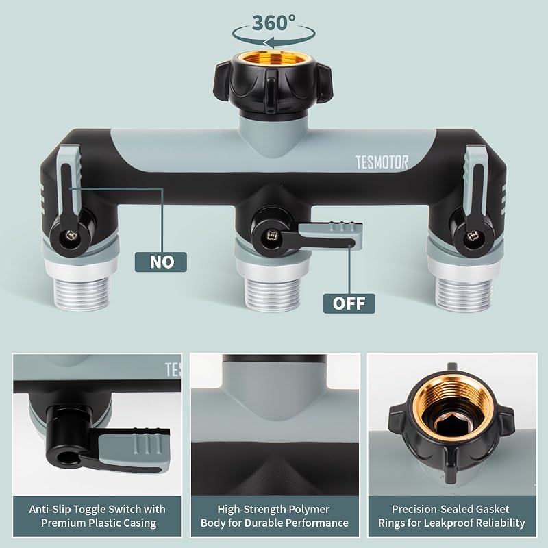 Tesmotor 3 utas vízcsap elosztó 3/4 col golyóscsappal vízáramlás szabályozáshoz - 3-way T-distributor/Grey