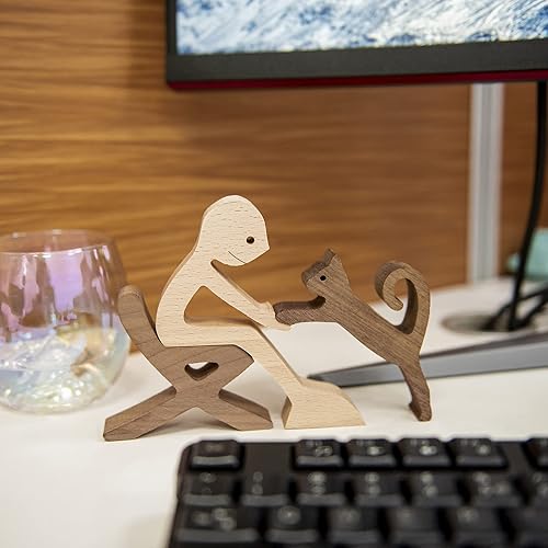 Miniatura 7 de Figuras de niña con gato, estatuas de madera, esculturas de animales hechas a mano, regalos creativos para decoración del hogar para amigos,