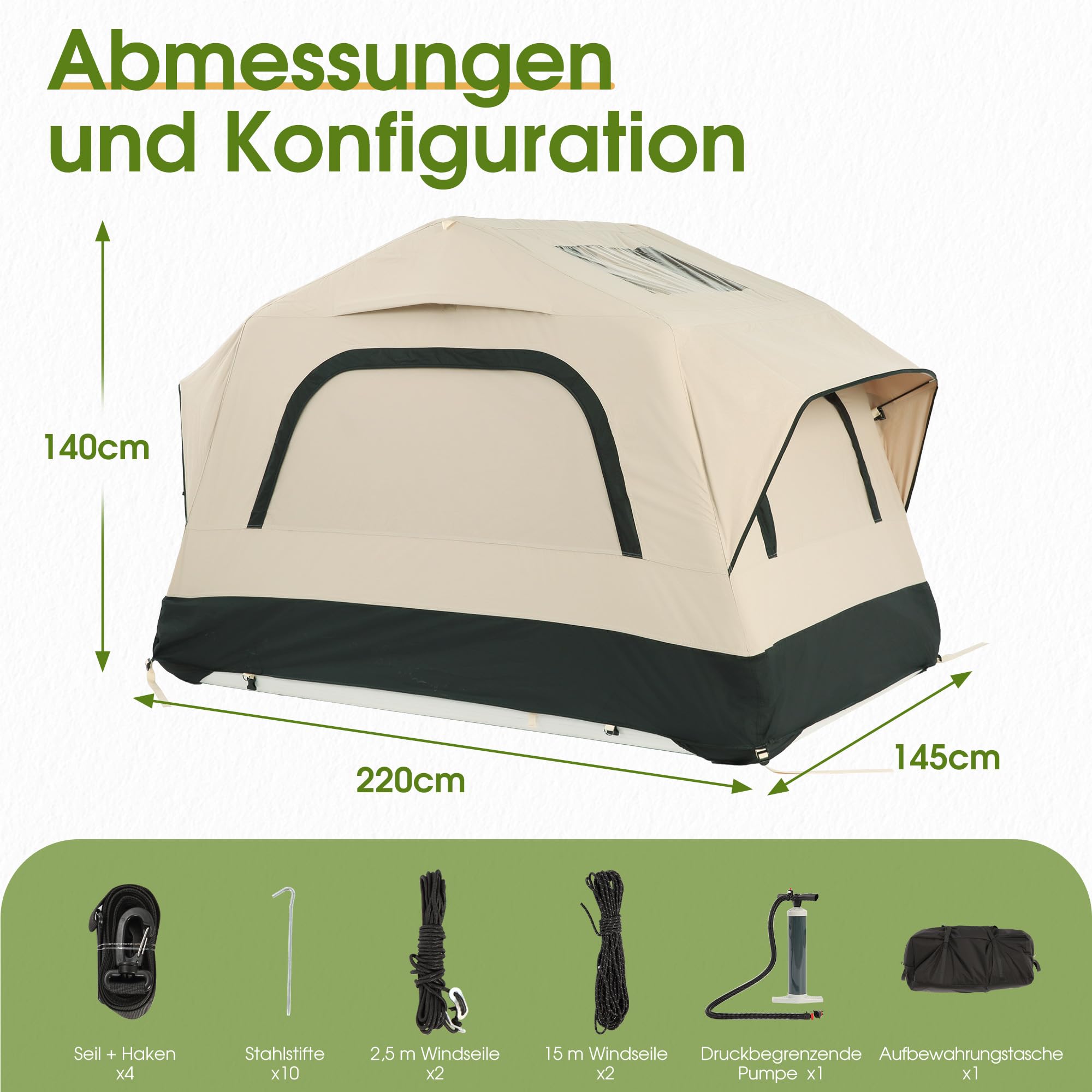 Aufblasbares Dachzelt für Auto und Truck,2 Personen Dachzelt aus Wasserdichtem 300D Gewebe,Winddichtes Design für Outdoor Abenteuer