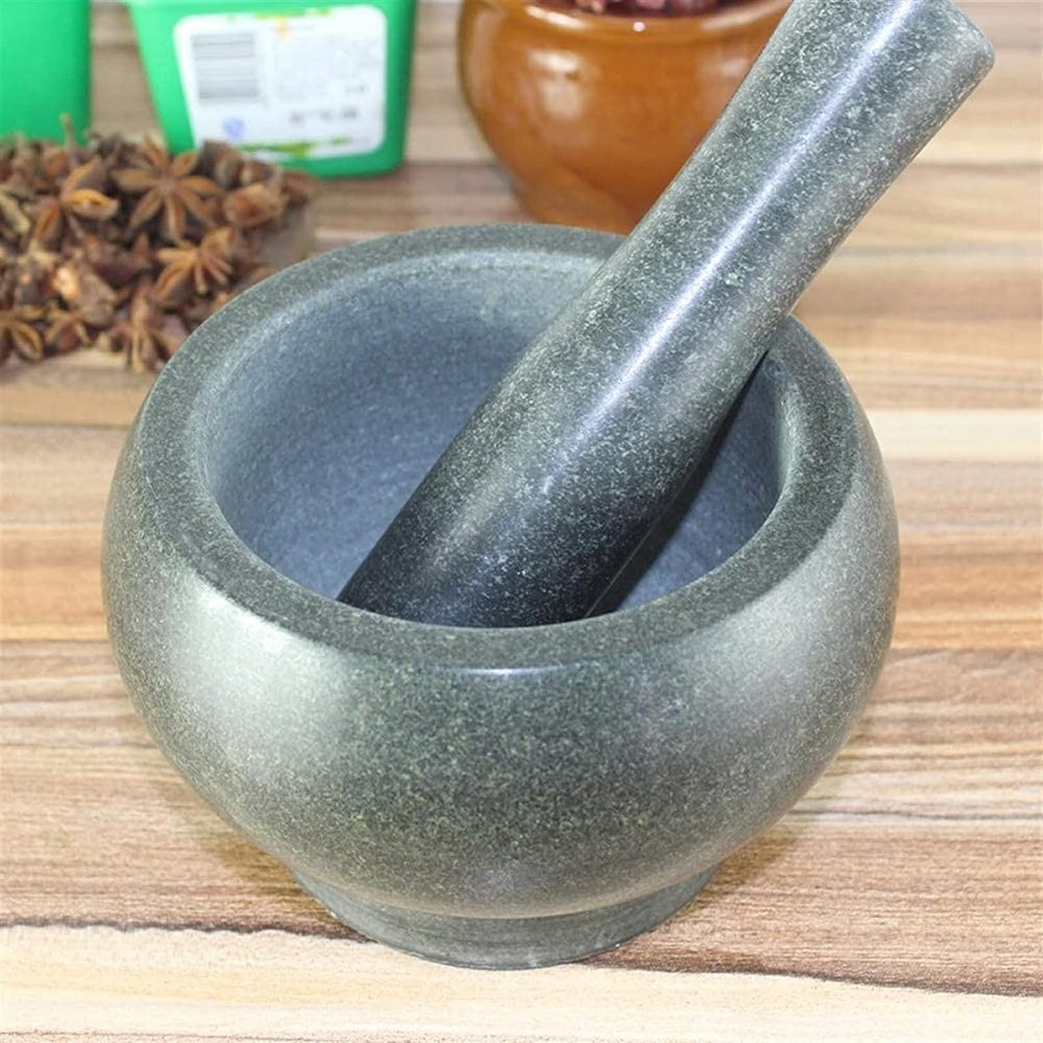 Juego de mortero y mortero Grande de Granito, Piedra de molienda de Guacamole Negra, Herramienta de Cocina Pesada de 6,3 Pulgadas y 7,2 Libras