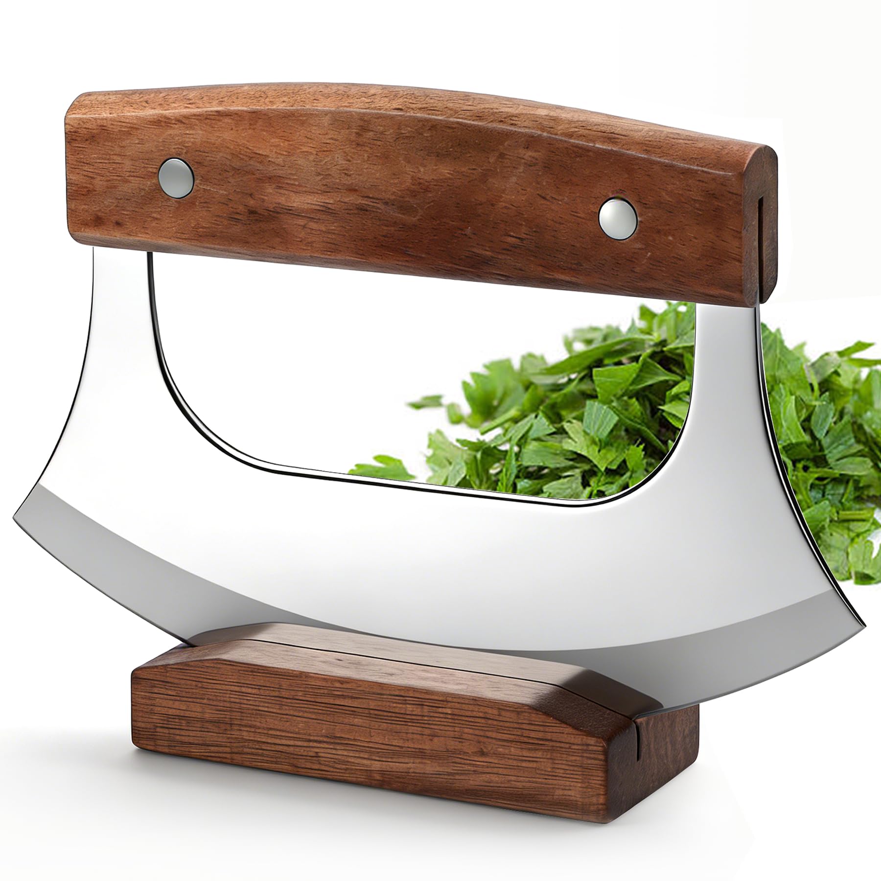 KAYCROWN Ulu Knife, Sharp Rocker Mezzaluna Knife with Wooden Stand, Alaskan Ulu for Pizza Cutter, Vegetable, Salad, Mezzaluna Chopper