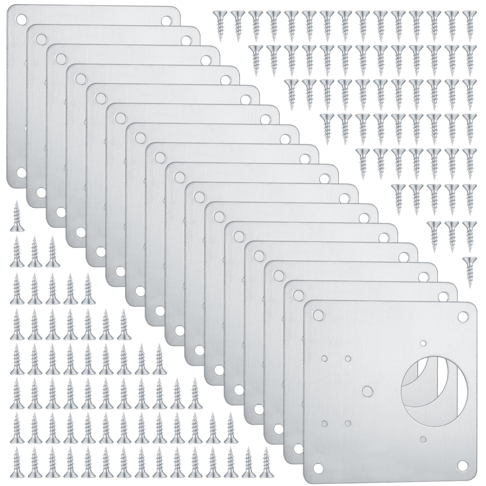PanBeiQi 16 Pcs Hinge Repair Plate, Kitchen Cupboard Cabinets Door Stainless Steel Hinges Plates Brackets with Holes, Flat Fixing Joining Mending 128 Screws, Silver 16