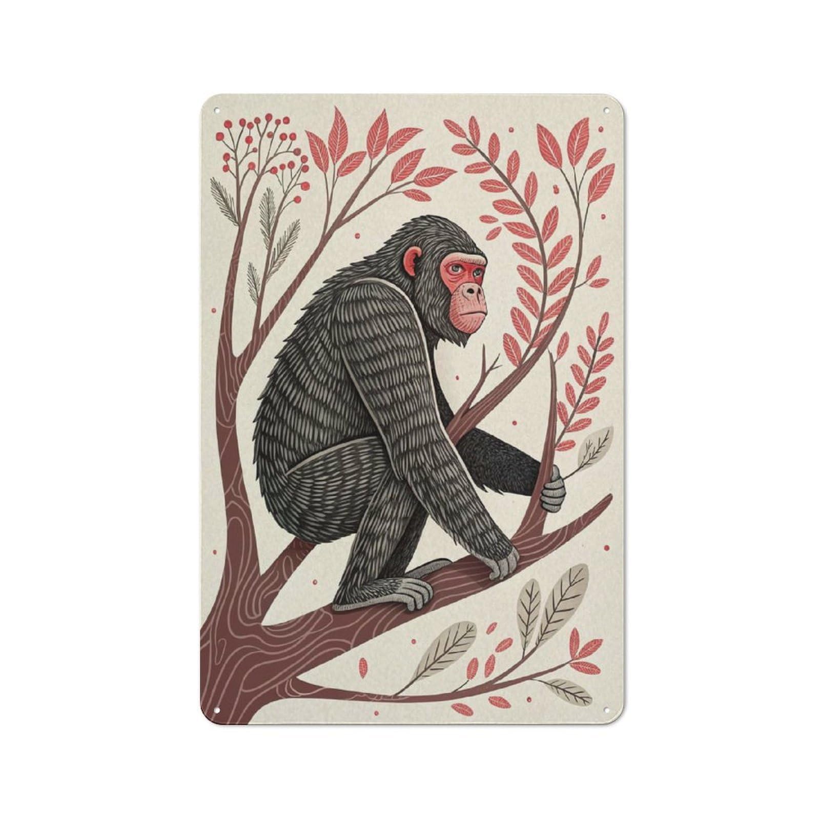 Junmoney Style-4 Chimpanzee Sitting On A Tree Branch Printed Metal Sign 30X20cm For Bar Or Restaurant, New Home Wall Decor For Hospitality Decor Collectors