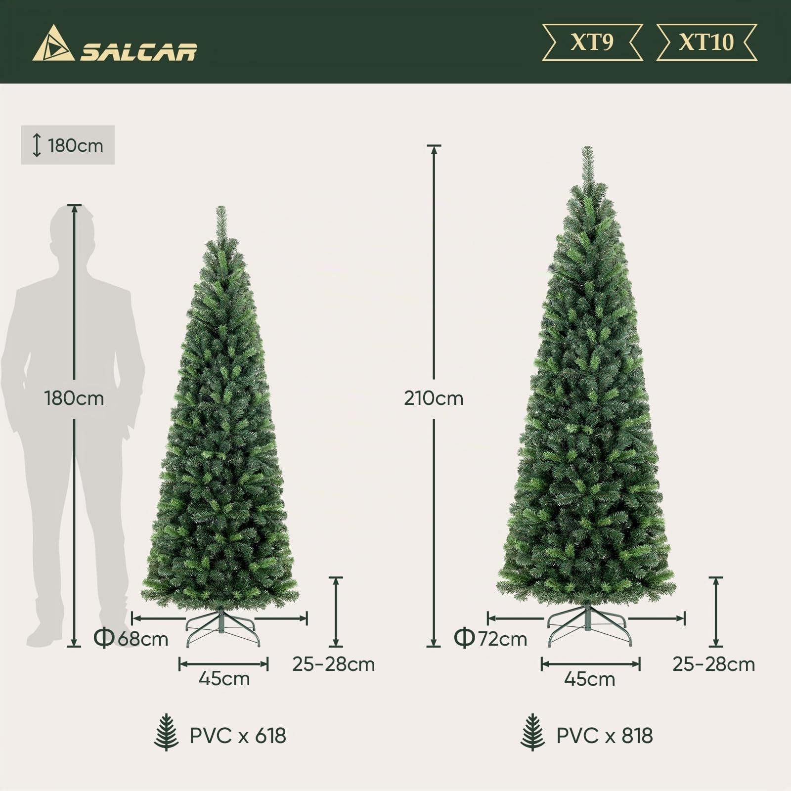 SALCAR Albero di Natale Slim Artificiale 180 cm, Abete di Natale con Guanti e 618 PVC Punte per Rami, Supporto in Metallo, Montaggio Rapido, Ignifugo