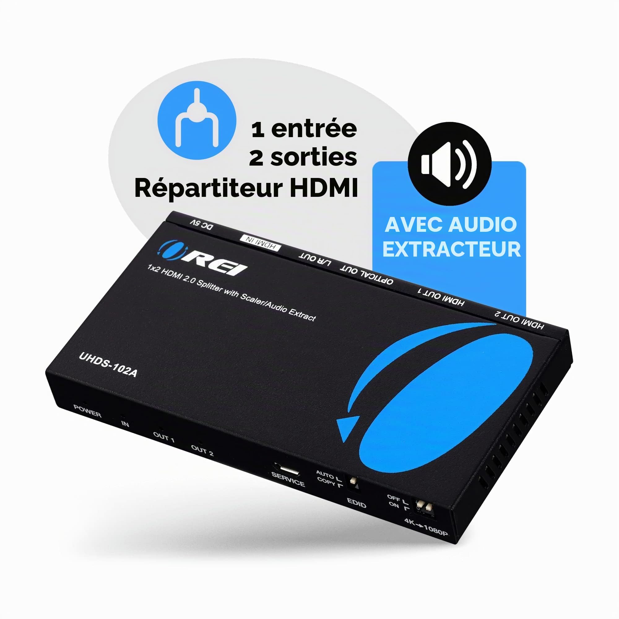 OREI UHDS-102A Répartiteur HDMI 2.0 avec extracteur audio Scaler 2 ports Full Ultra HDCP 2,4 K à 60 Hz et 3D Prend en charge le contrôle EDID