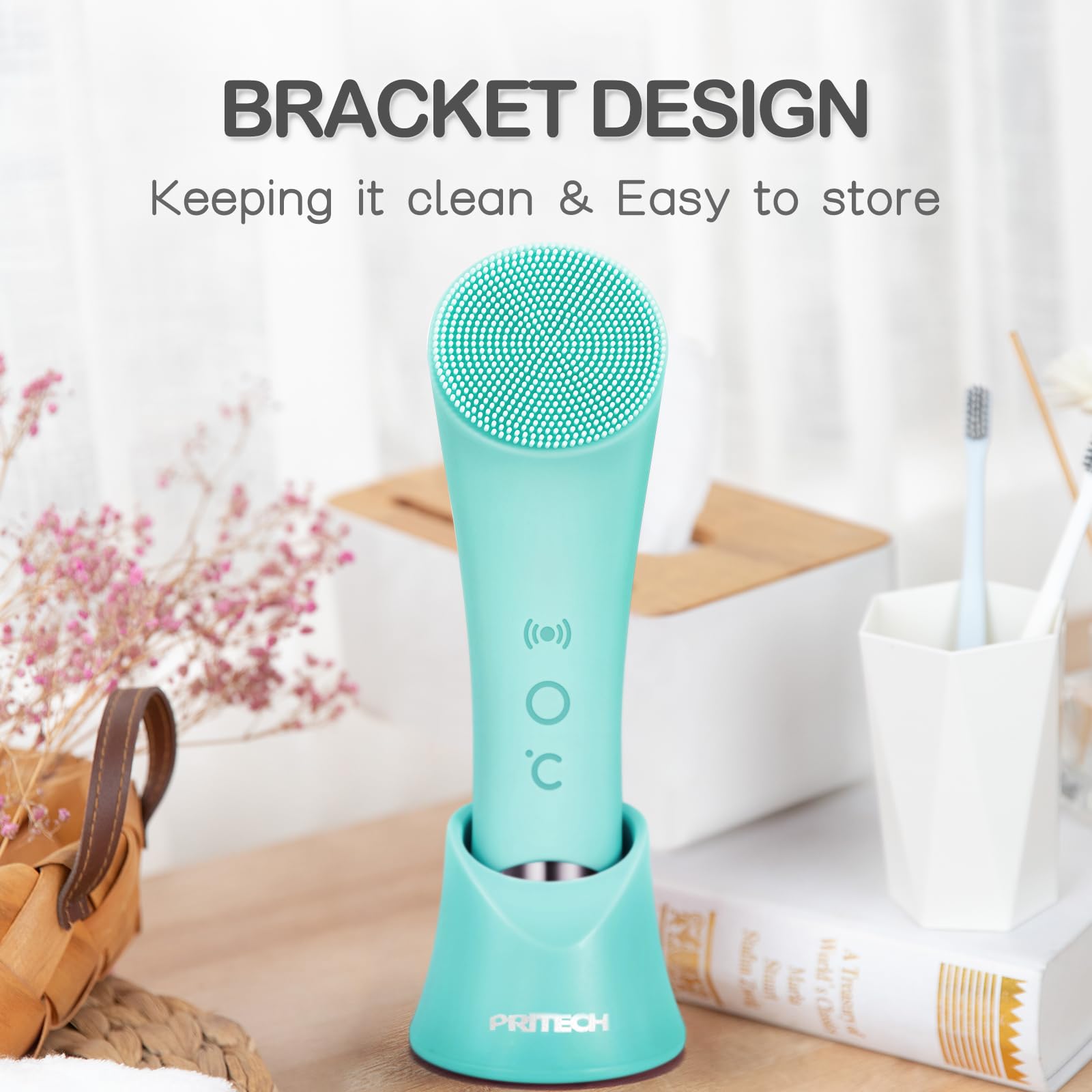 PRITECH Silicone Face Scrubber, Rechargeable Facial Cleansing Brush with Heat Massage End, Vibrating Exfoliator Scrubber for Deep Cleaning, Waterproof Face Brush for Women and Men (): Green