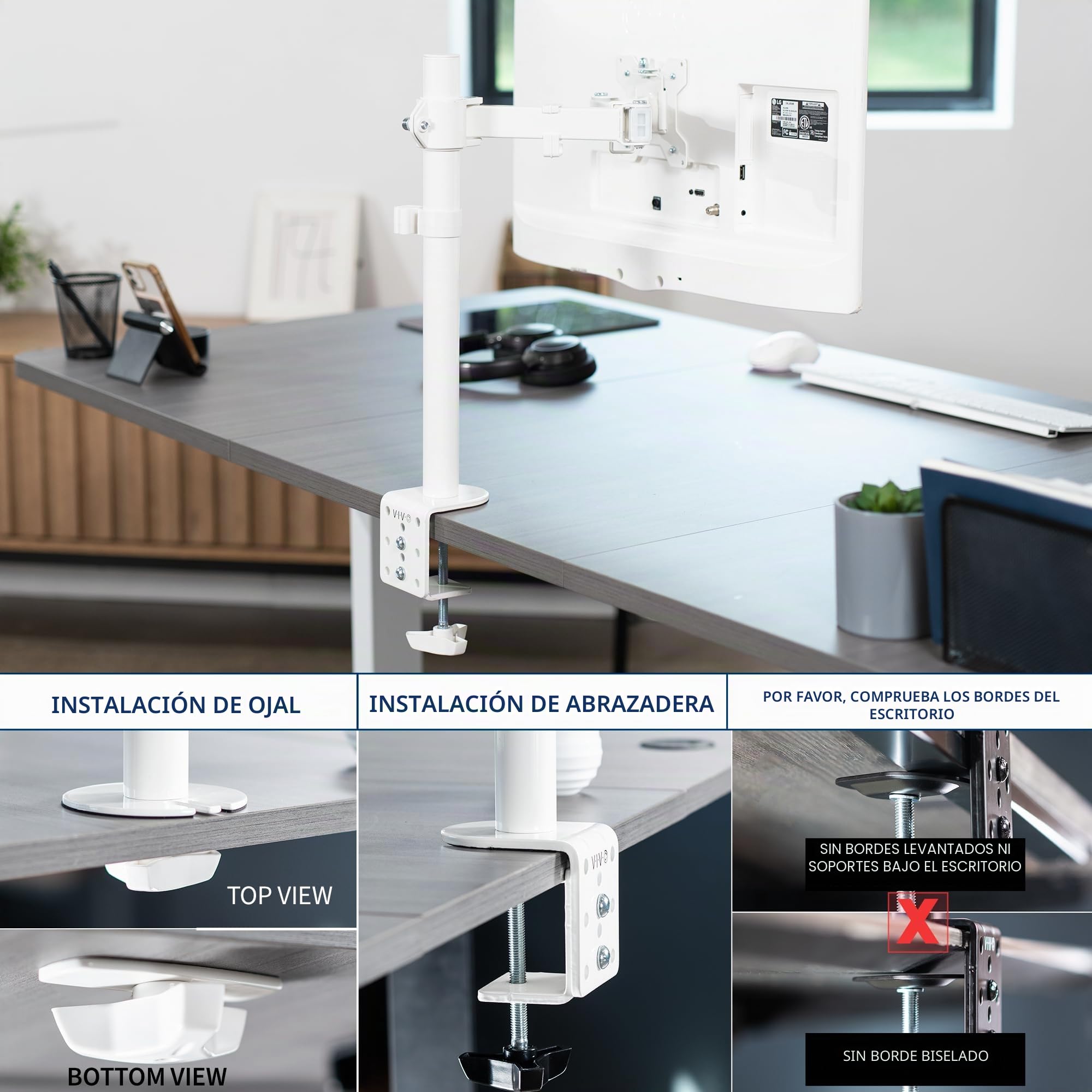 Vivo STAND-V001W Soporte de Escritorio con Brazo para Monitor 32 Pulgadas y 38 Pulgadas Ultraancho, Abrazadera en C, VESA 75x100 mm, Blanco