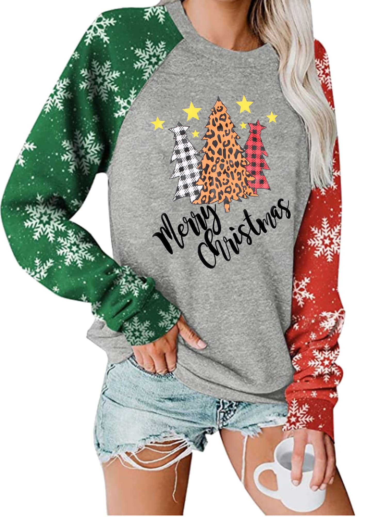 Photo 1 of Merry Christmas Sweatshirt for Women Christmas Tree Plaid Tops Raglan Long Sleeve Snowflake Letter Print Holiday Shirts A-grey6 Size medium 