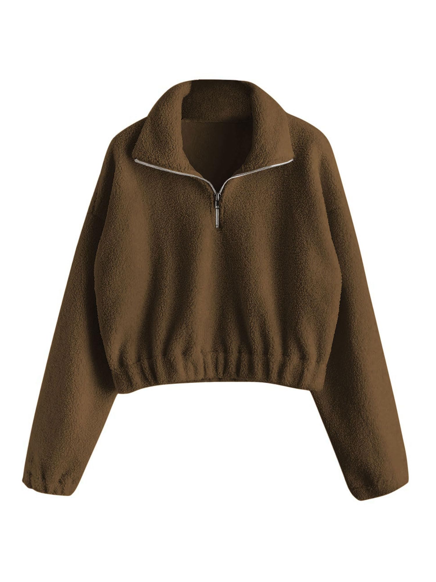 Women's Fashion Long Sleeve Lapel Half Zip Plain Faux Fur Sweatshirt Solid Color Crop Pullover Tops-image-31