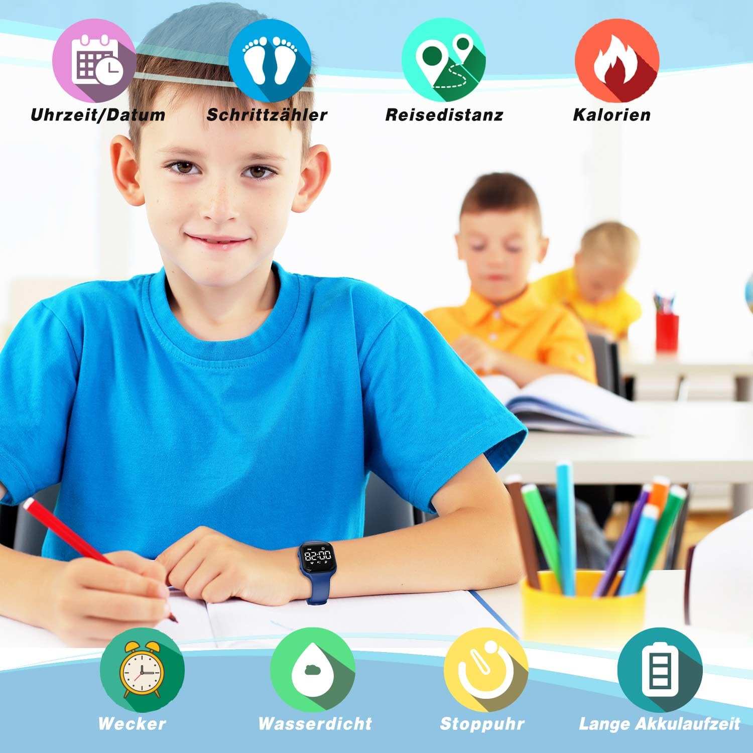 Orologio digitale per bambini, contapassi, impermeabile, orologio da polso con contapassi, indicatore LED, cronometro per bambini, ragazzi, ragazze, adolescenti (azzurro)