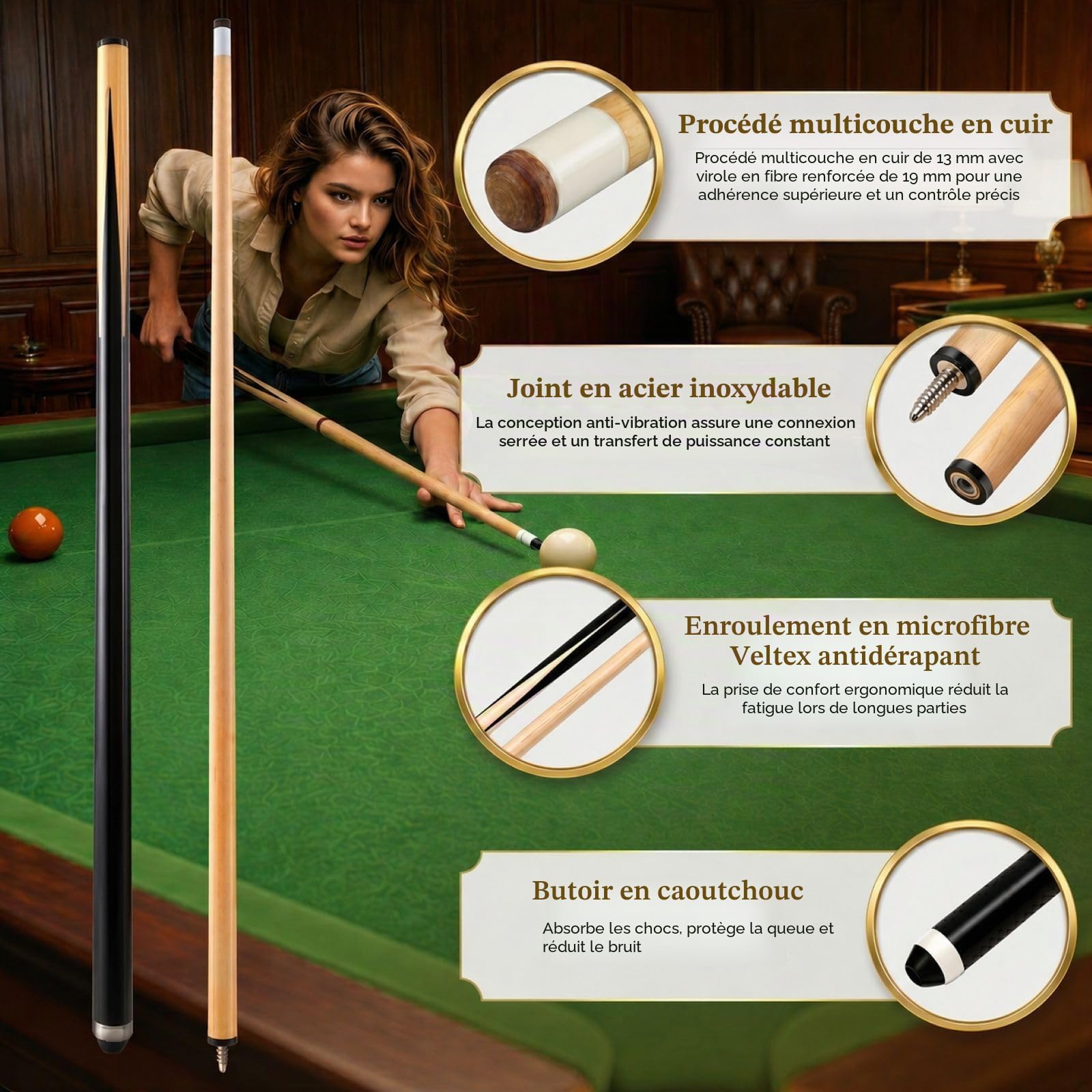 Queues de billard en bois de 91,4 cm/122,9 cm/147,7 cm - Bâtons de billard en bois dur - Pointes adhésives de 13 mm - Queues de billard