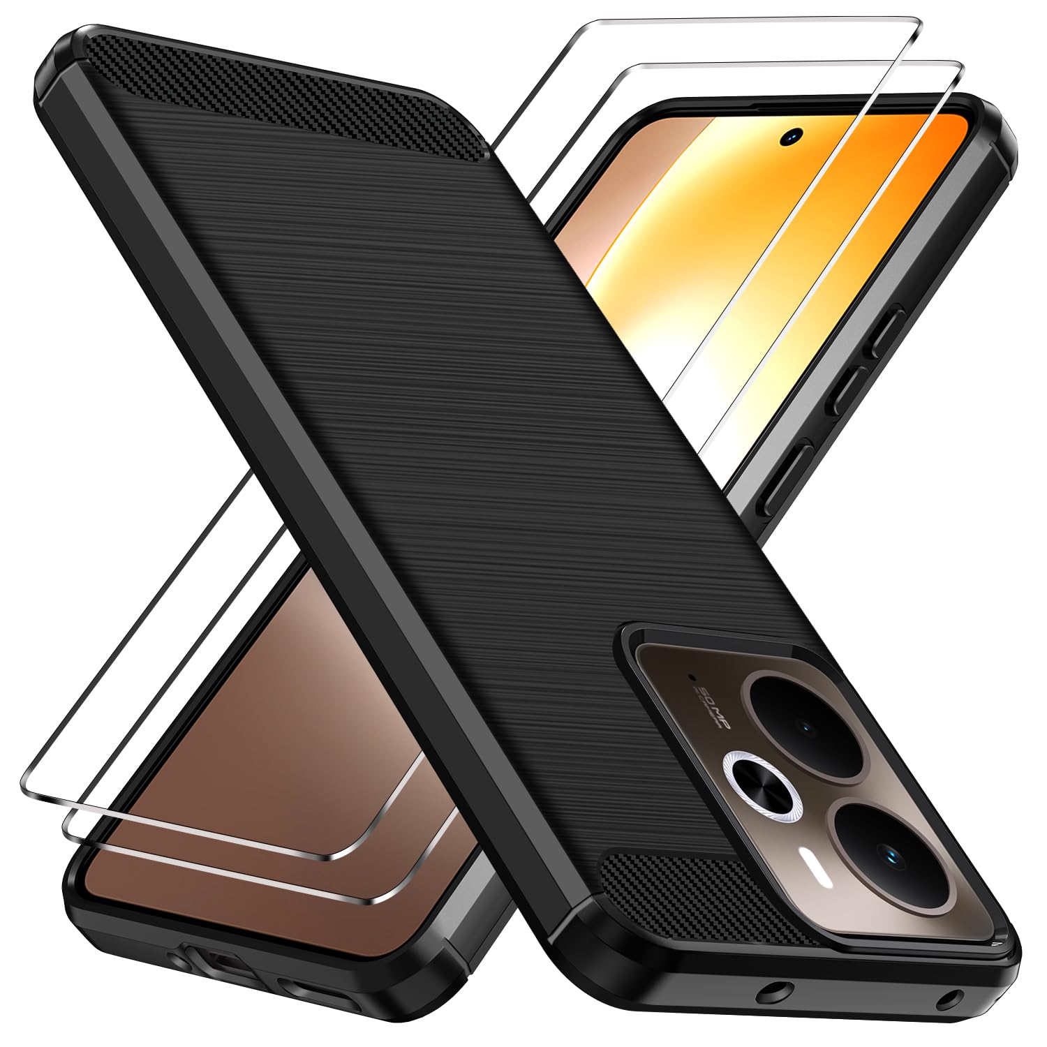 Cover IVoler Per Realme 14X 5G / C73 / C71 / P3 Lite + 2 Vetri Temperati - Custodia In TPU Nero Con Antiurto Grado Militare