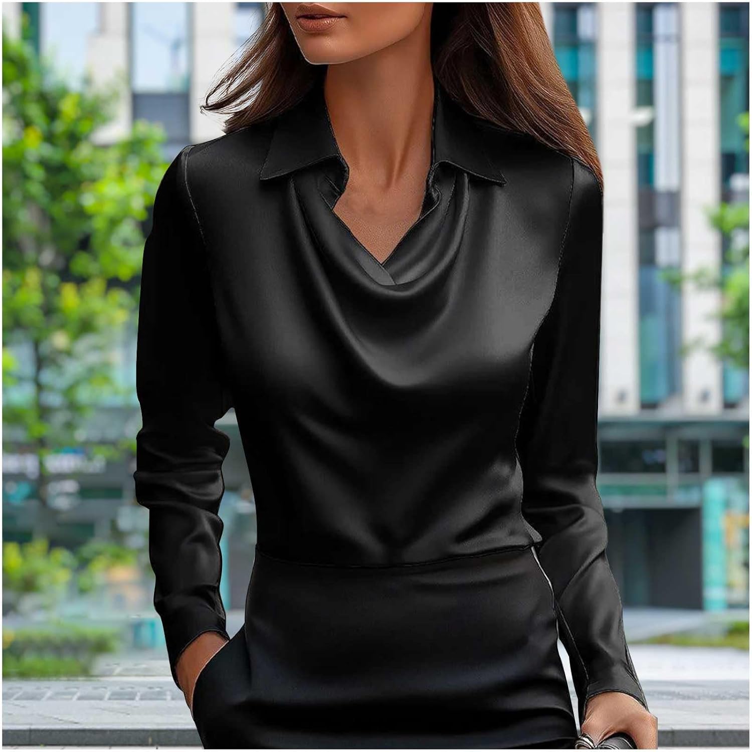 Womens Satin Cowl Neck Shirts Long Sleeve Office Blouse Dressy Drape Ruched Business Casual Work Elegant Tops - Image 2