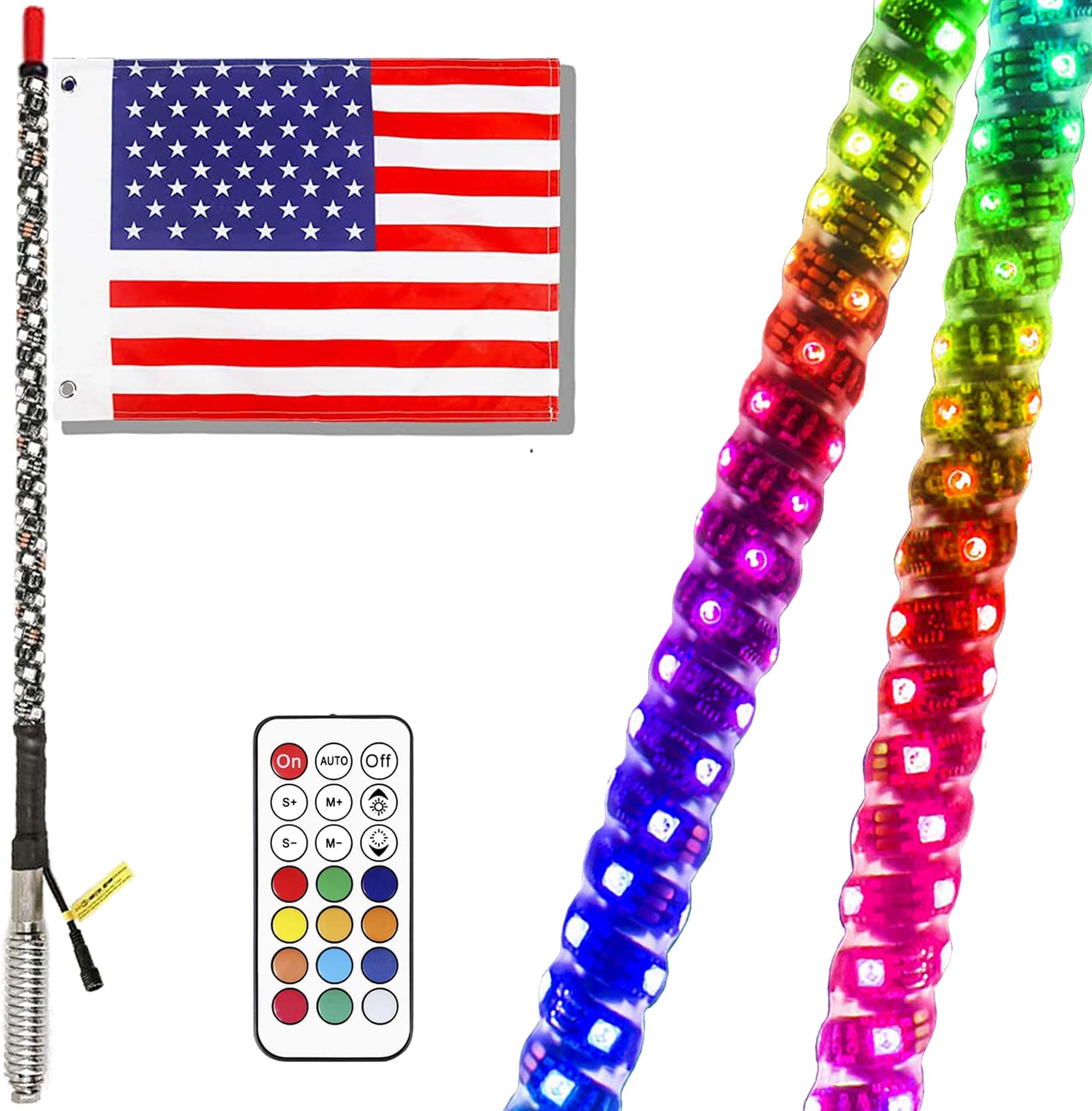 Whip Lights,3FT RGB Light Whip w/Flag RF Remote Control Dream Color LED Whip Light DIY Chasing Flow Patterns Antenna Whip for Off Road Polaris RZR UTV ATV Buggy Boat Pickup,1pcs