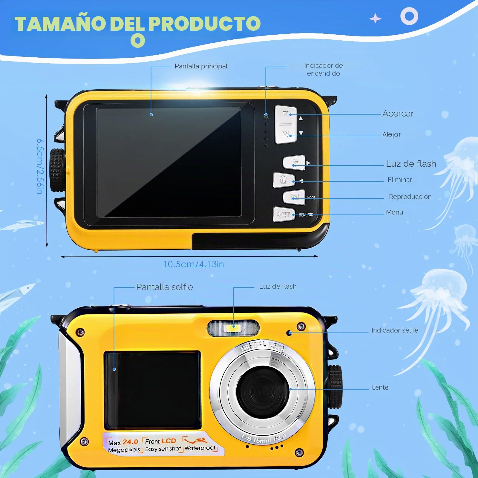Cámara de Fotos Impermeable Digital Full HD 2,7K 24 MP Cámara subacuática Zoom Digital 16 X Cámara Impermeable con Doble Pantalla para Adolescentes y Estudiantes Principiantes