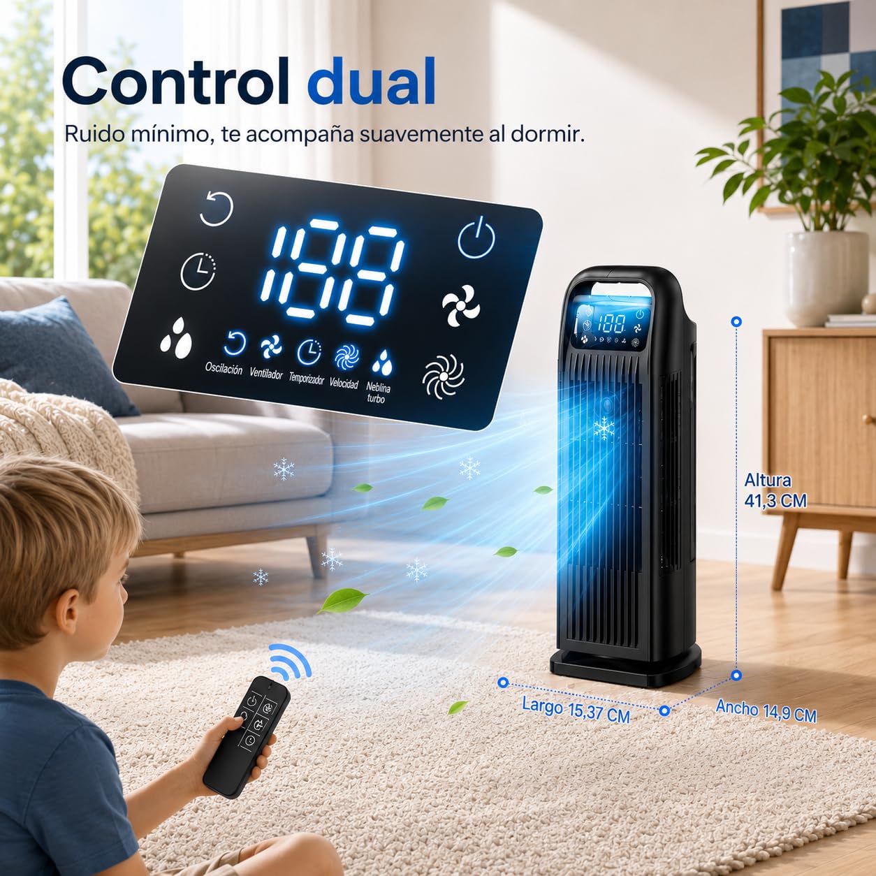 Aire Acondicionado Portátil sin Tubo, Climatizador Evaporativo 6 en 1 Bajo Consumo, Ventilador Torre Silencioso con Mando, Oscilación 120°, Depósito 1.2L, Temporizador 12H, Negro Medianoche