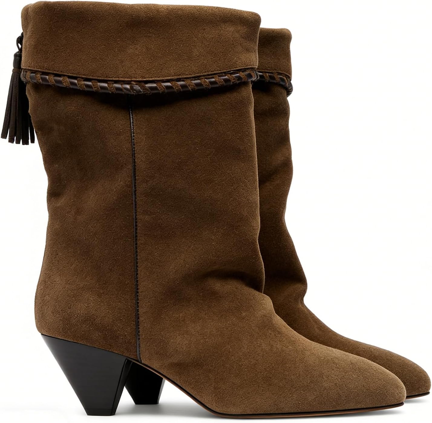 Suede Ankle Boots for Women Slouchy Fold Over Cowboy Boots Pointed Toe Low Heel Western Booties Fashion Dressy Pull on Wide Calf - Image 4