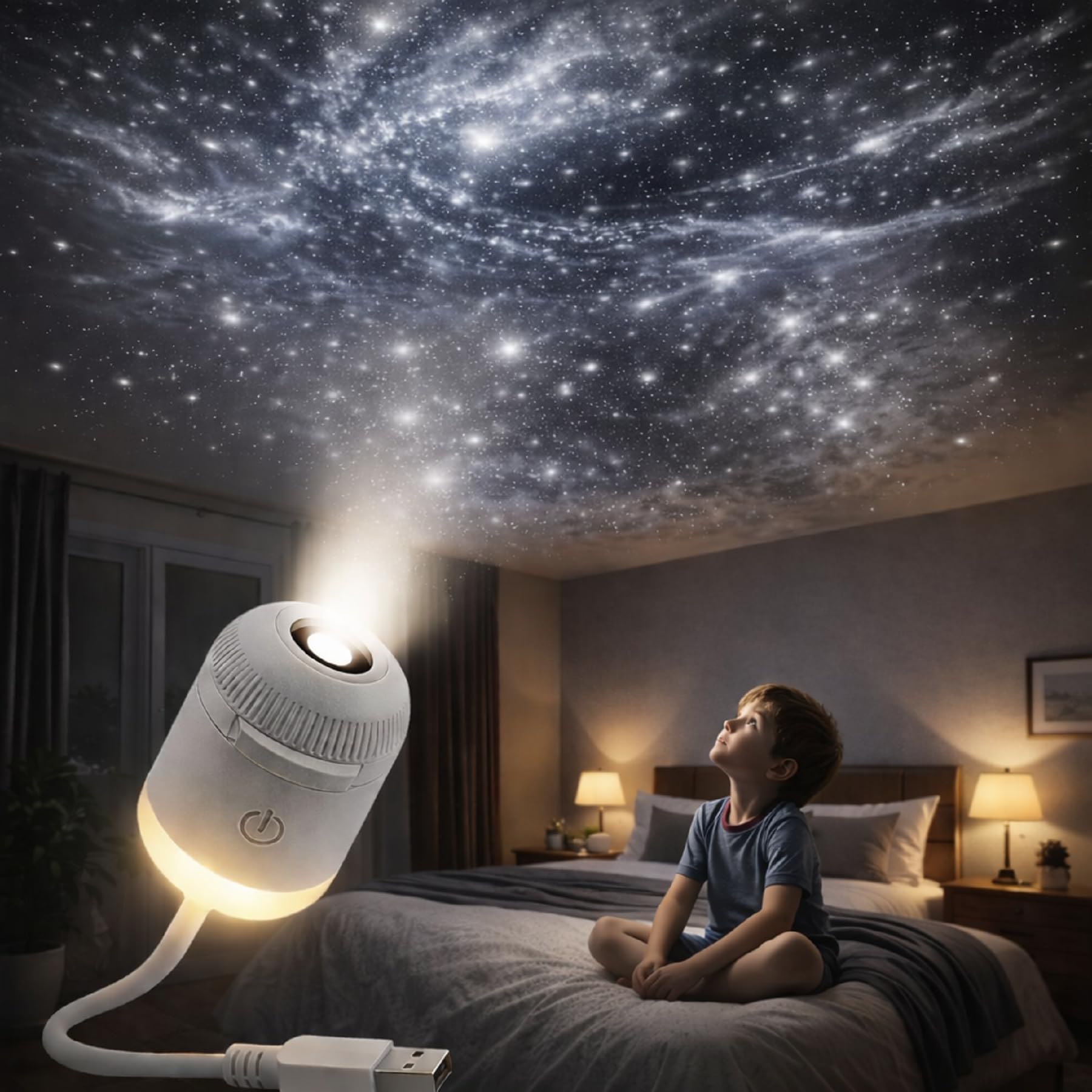 Genérico 2-in-1 Galaxy Star Projector & Night Light, 360° Rotating Portable Starry Sky Lamp with HD Films, USB Powered, Adjustable Brightness, Perfect Room Decor for Kids & Adults (White(3 PCS Film))