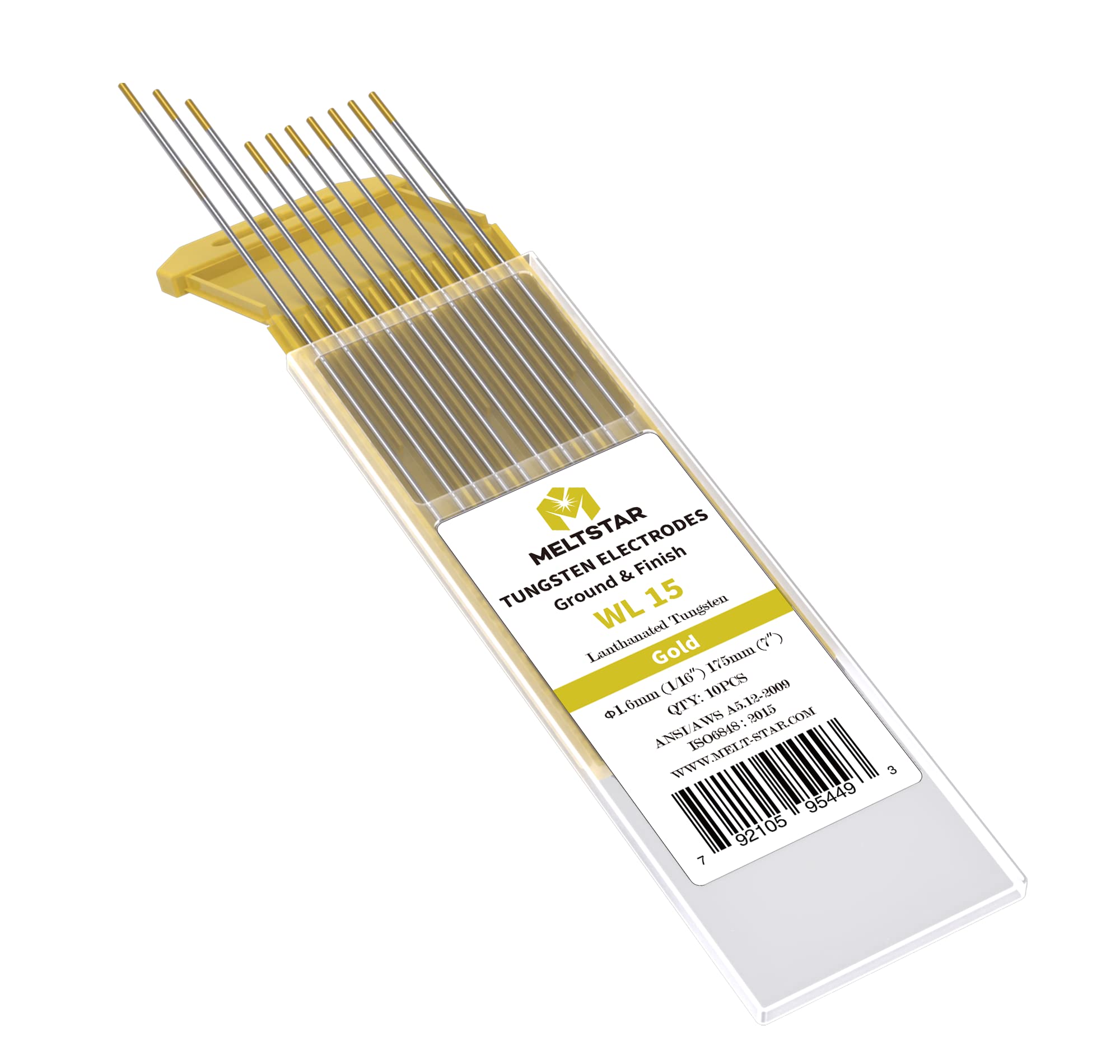 Electrodos de Tungsteno para Soldadura TIG WL15 con 1.5% de Lantano(Oro Dorado), Ø1,6x175mm, Paquete de 10 Electrodos