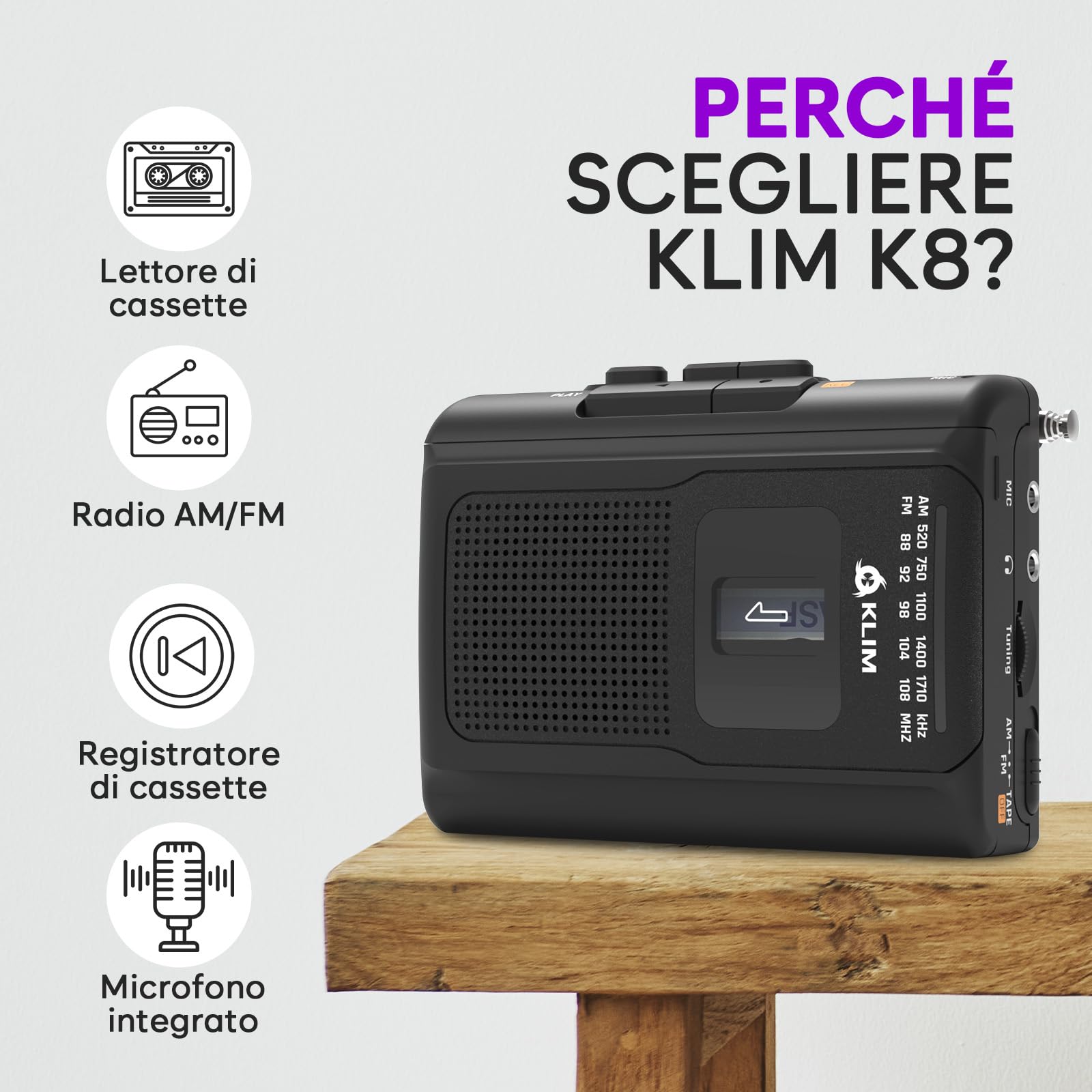 KLIM K8 Lettore Cassette Audio Registratore Cassette Radio AM/FM Microfono Altoparlante Integrato Nero