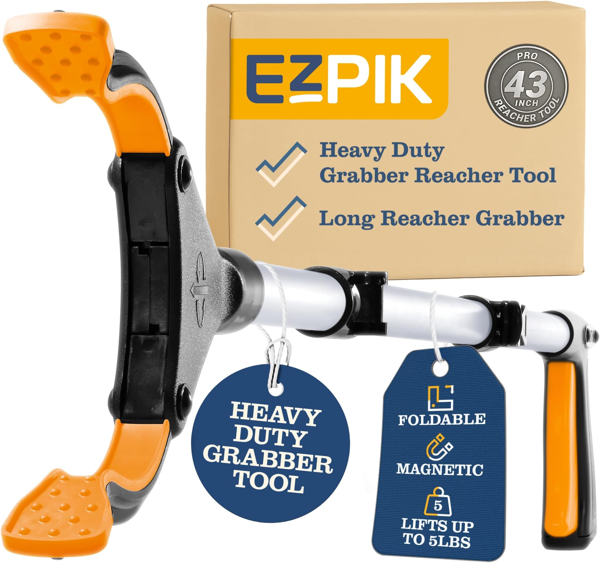 EZPIK Pro 43" Foldable Grabber Reacher Tool for Seniors, Heavy Duty Extended Trash Picker Upper Grabber Equipment with Claw Gripper and Magnet, Aluminum Pick Up Stick for Reaching Aids (Silver)