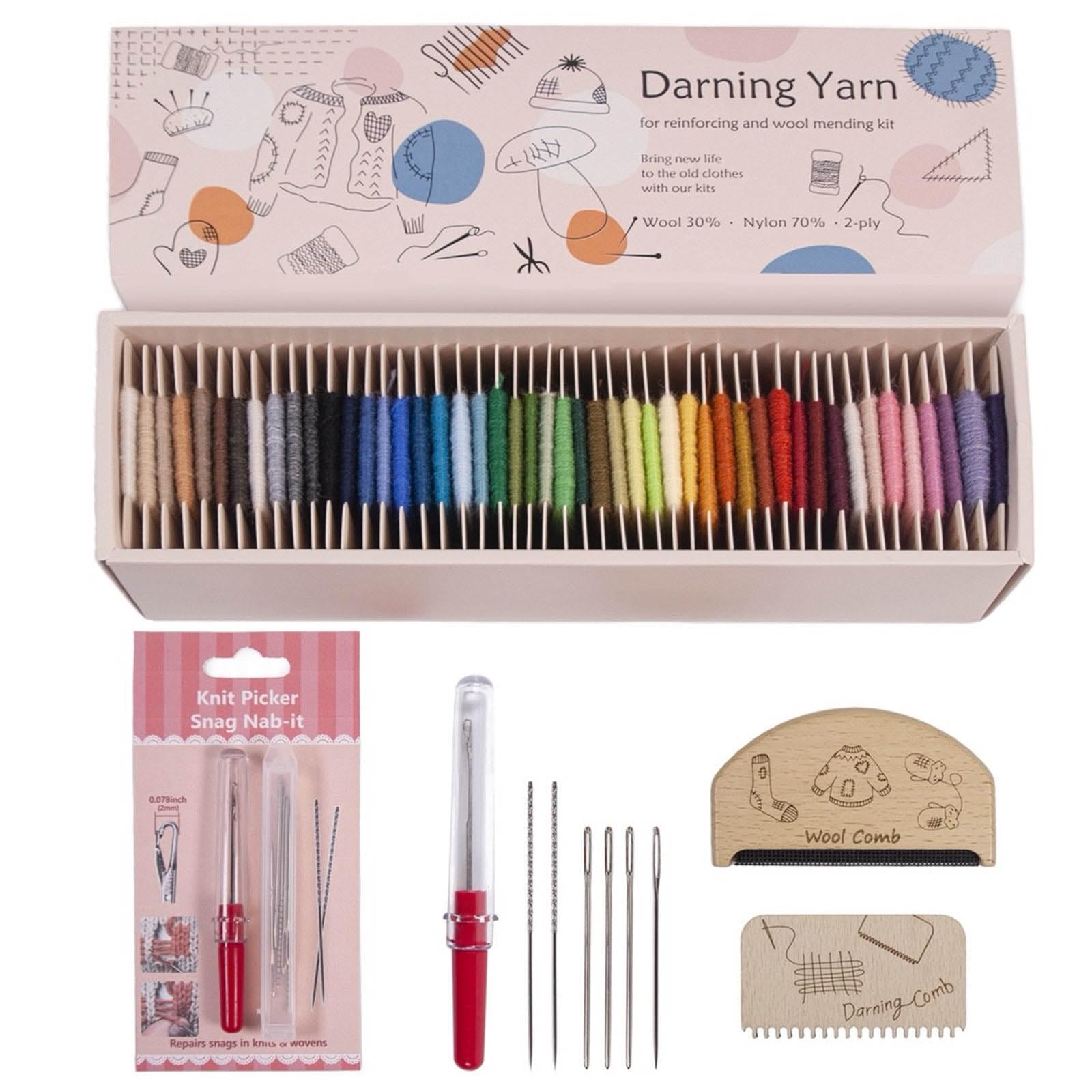 Reparaturgarn Set mit 48 Farben Stopfgarn, Nadel, Wollkamm, Stopfkamm für Heimnähen und gestrickte Kleidung, Reparatur Stickgarn Set