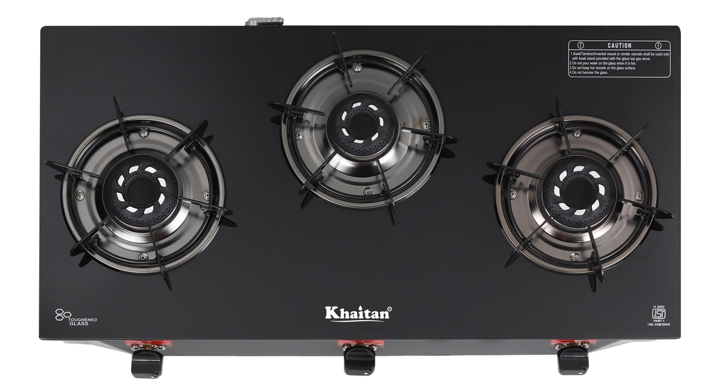Khaitan Celio Active 3 Burner Black Manual Gas Stove Toughened Glass, Alloy Premium Burners, ISI Marked with 1 Year Warranty.-image-7
