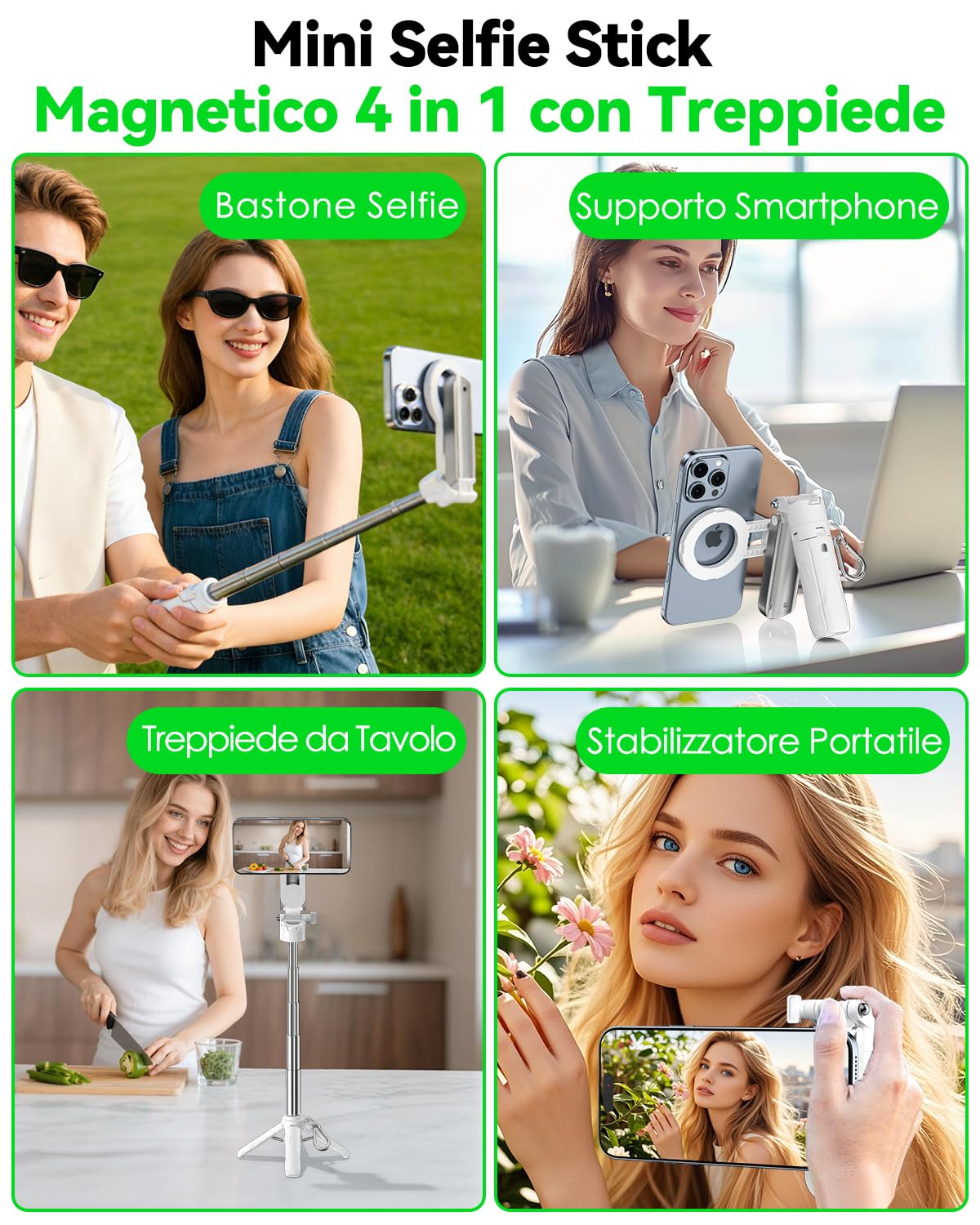CloudValley Treppiede magnetico 4 in 1 multifunzione per selfie, mini supporto portatile tascabile per telefono con telecomando staccabile, compatibile con MagSafe, per iPhone/Android, Travel Vlog