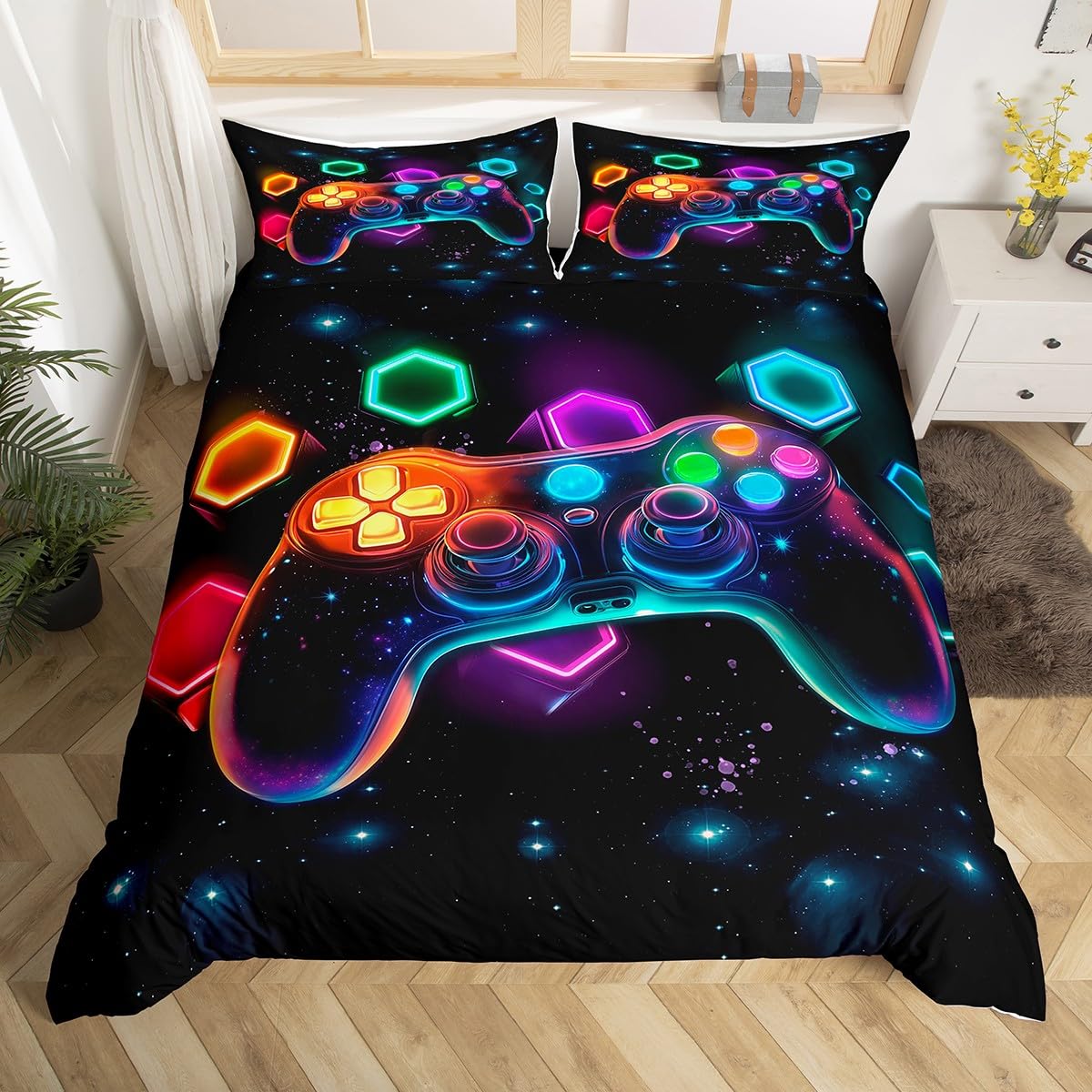Homewish Boys Kids Gaming Super King Size Duvet Cover Sets 3 Pieces, Black Reversible Bedding Set for Teens Girls, Neon Rainbow Gamepad Quilt Cover, Dreamy Galaxy Honeycombs Print Bed Set — image 1