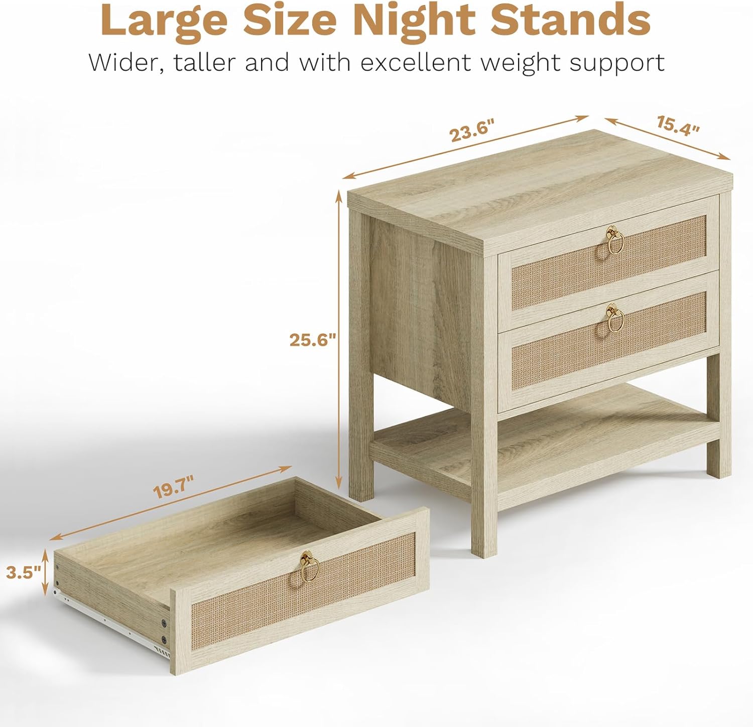 Eclatara Large Rattan Night Stand Set of 2：Boho Nightstand with Drawers and Storage Shelf, Reclaimed Light Oak Bedside Table End Table Side Table for Bedroom(Reclaimed Light Oak,2 Pieces)