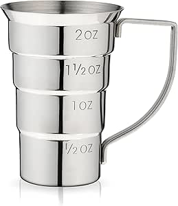Viski Stepped Jigger with Handle, 4 Measurement Markings, Measuring Cup for Cocktail Recipes, 0.5 oz, 1 oz, 1.5 oz, &amp; 2 oz, Stainless Steel