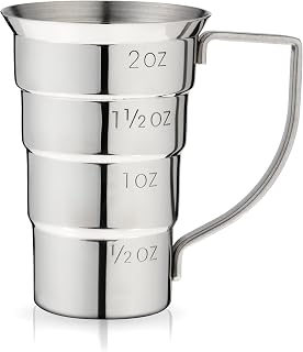Viski Stepped Jigger With Handle, 4 Measurement Markings, Measuring Cup for Cocktail Recipes, 0.5 oz, 1 oz, 1.5 oz, & 2 oz, Stainless Steel