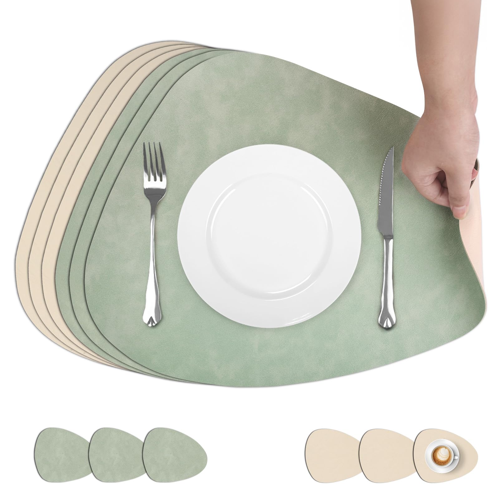comfoyar PU Leather Placemats and Coasters Set of 6, 33x42cm Non-Slip Dual-Sided Heat Resistant Place Mats, Waterproof Washable Table Mats for Kitchen Dining Party Table Decoration(Green White) โ image 1