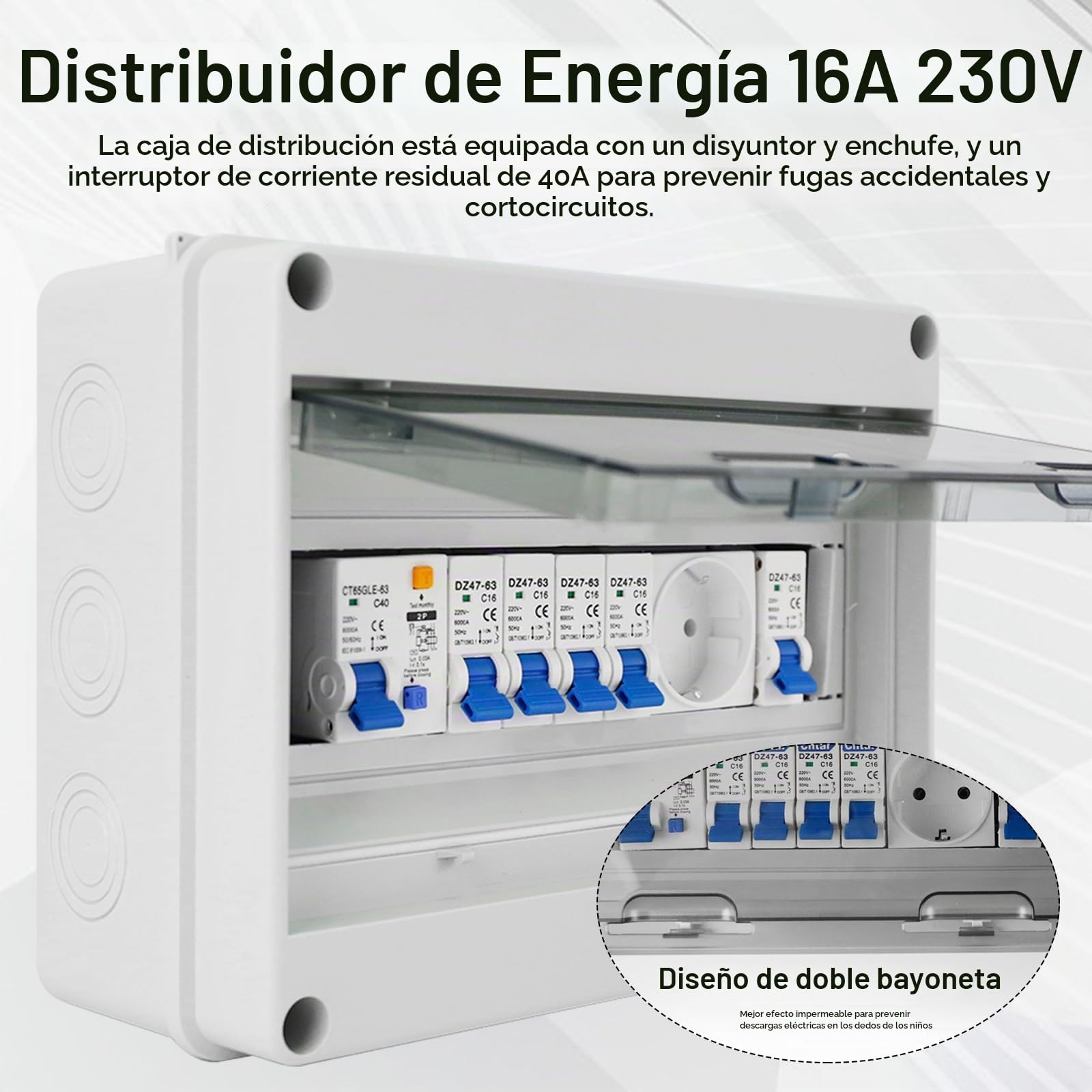 Caja Distribución Montada Superficie, Caja Fusibles Superficie Armario Distribución Ip65 Caja de Distribución Eléctrica con Disyuntor 230V FI 40A 2P y Toma de 16A Distribuidor de Corriente Fuerte