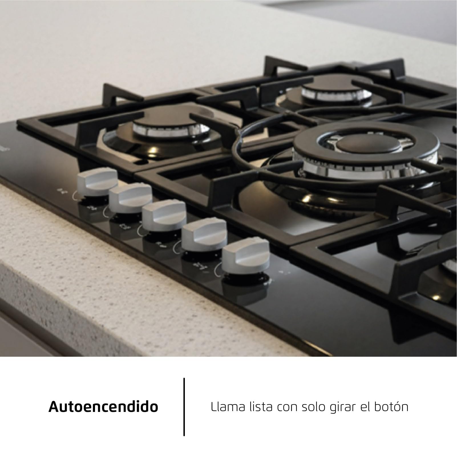 Corberó - Placa Gas Cristal LUX 75cm | CPCGM5F5026N | 8.5kW| 5 Zonas | Zona Wok | Autoencendido | Capa Protección Clean+ | Desconexión automática | Negro